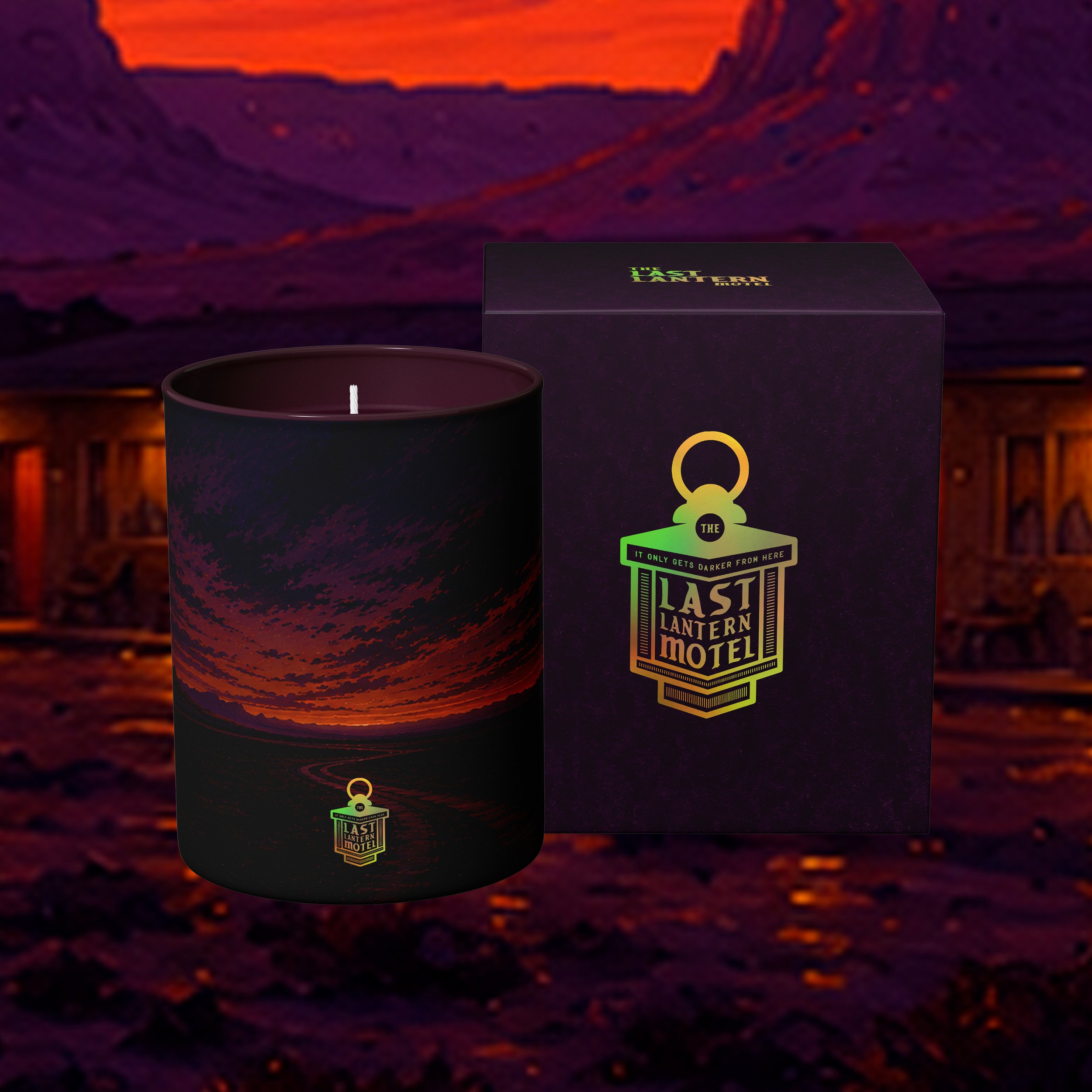 A lit black candle and a box with the text "The Last Lantern Motel" against a dark, fiery background.