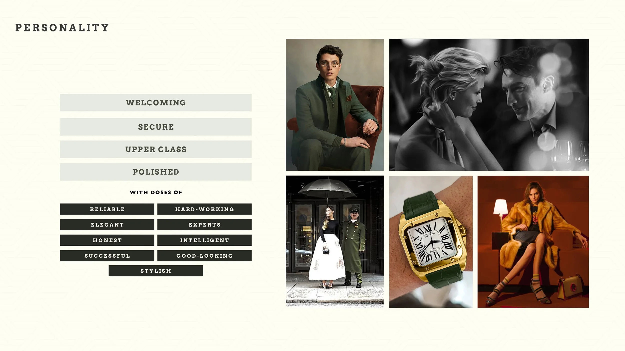 Fashion collage with photos of people wearing elegant clothing and accessories, including a man in a green suit, a woman in a yellow fur coat, and a woman in a white dress with a black coat, alongside a watch and a woman at a dinner table.