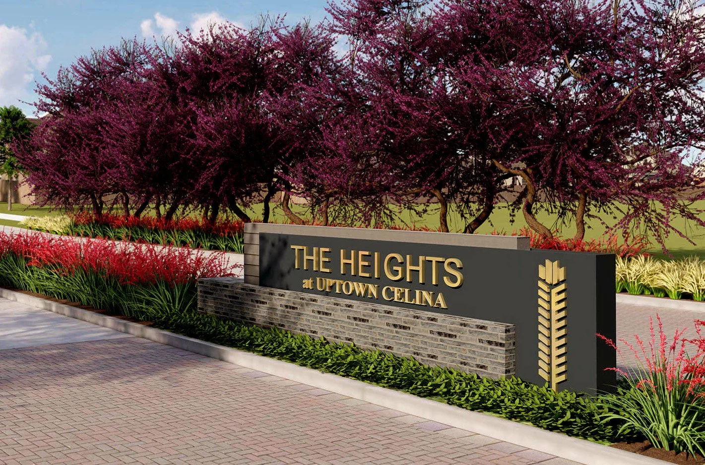 Entrance sign for The Heights at Uptown Celina with landscaping and purple trees in the background.