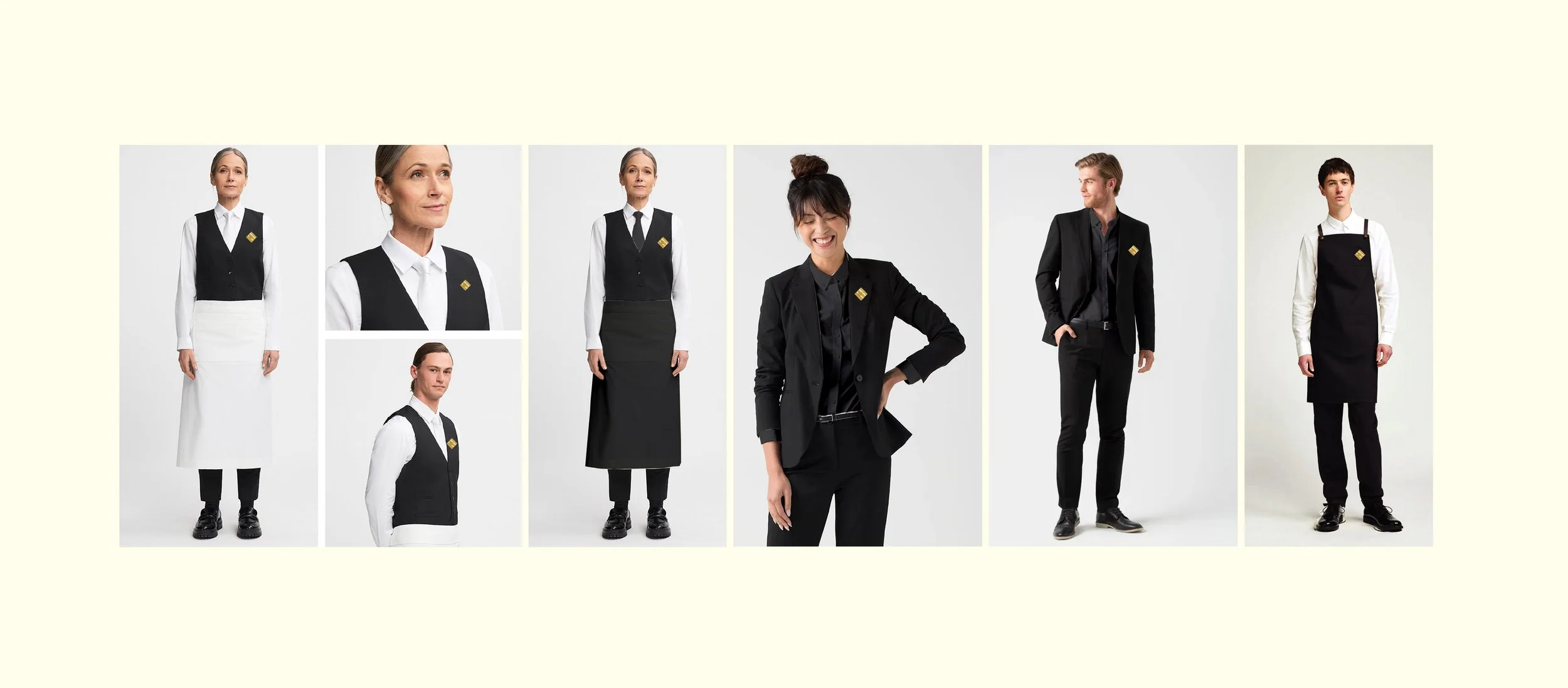 Collection of different waitstaff uniforms for men and women, including vests, aprons, and suits, displayed on models against a plain background.