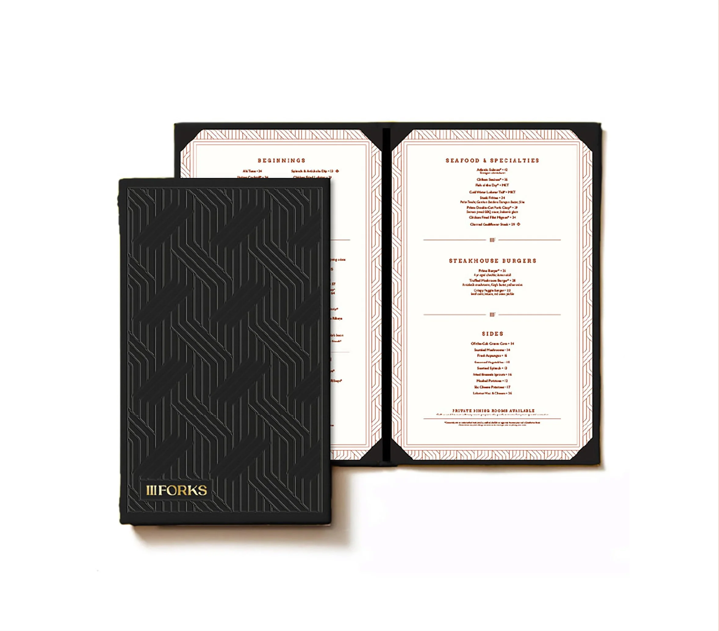 Black menu cover with geometric pattern and gold label that reads '3 Forks'; opened menu showing sections for starters, seafood, steakhouse burgers, sides, and private dining rooms on white pages with red text and decorative borders.