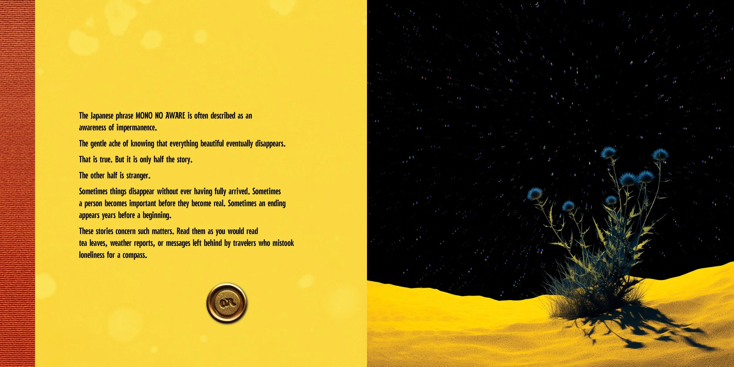 A desert scene with yellow sand dunes, a do not disturb sign, and a plant with blue flowers under a starry night sky.