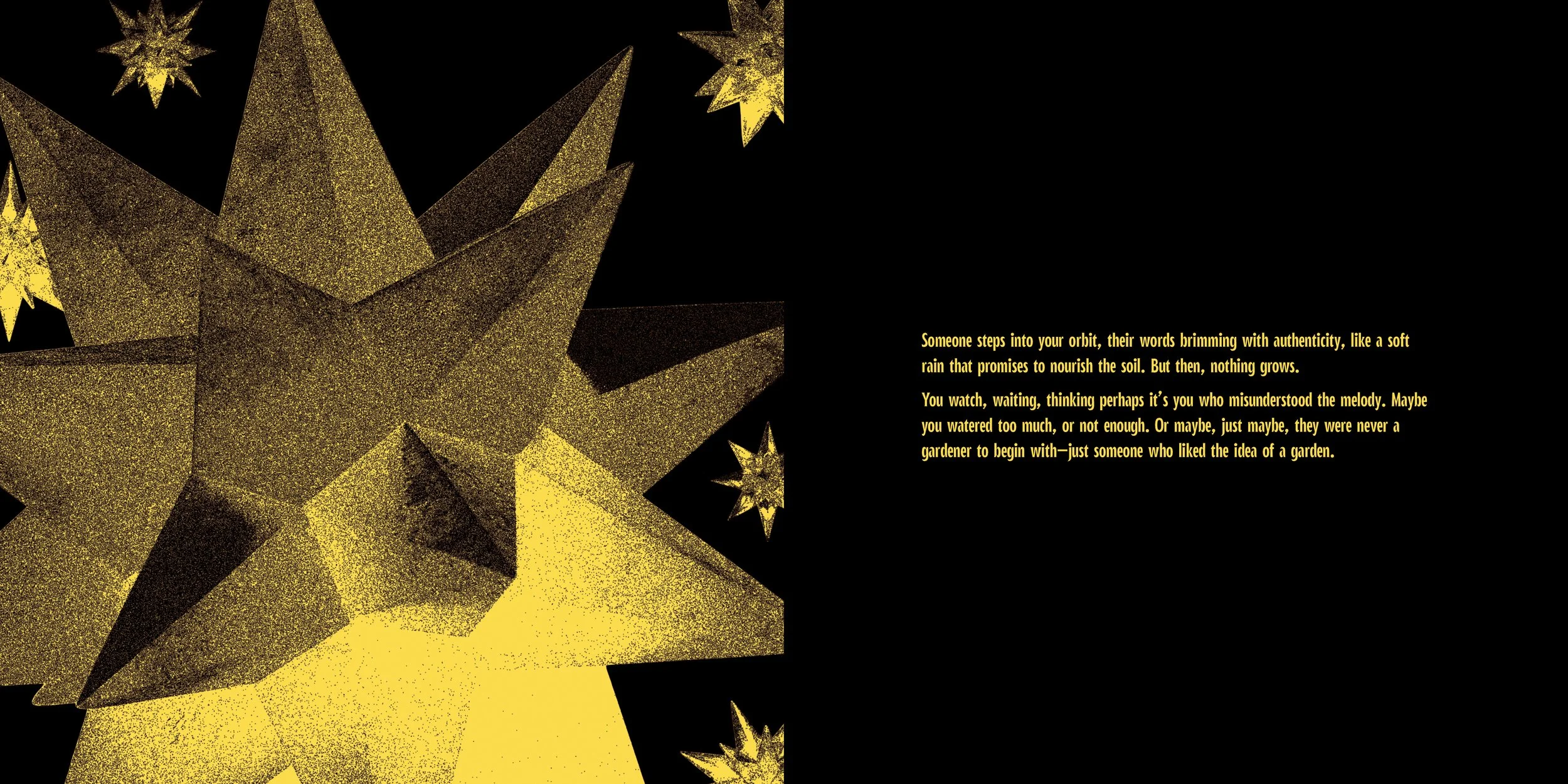 Gold-colored glittery stars on a black background with a quote about misunderstanding and gardening written in yellow text.