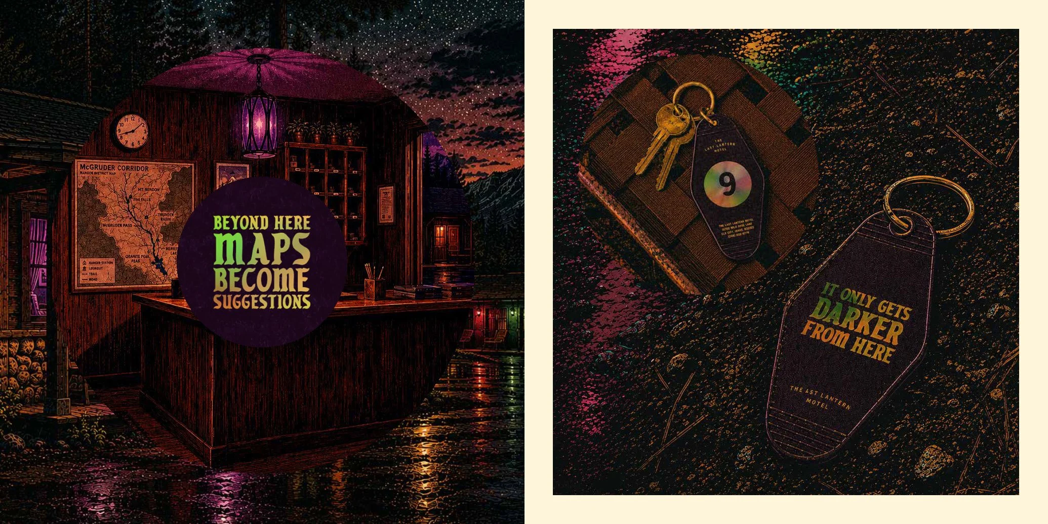 A split image showing a rustic wooden cabin at night with a sunset sky, a map on the wall, and a sign that reads 'Beyond here maps become suggestions.' The other half features a close-up of a dark, glittery surface with keys and tags from a hotel, with labels 'The Lantern Motel' and 'It only gets darker from here.'