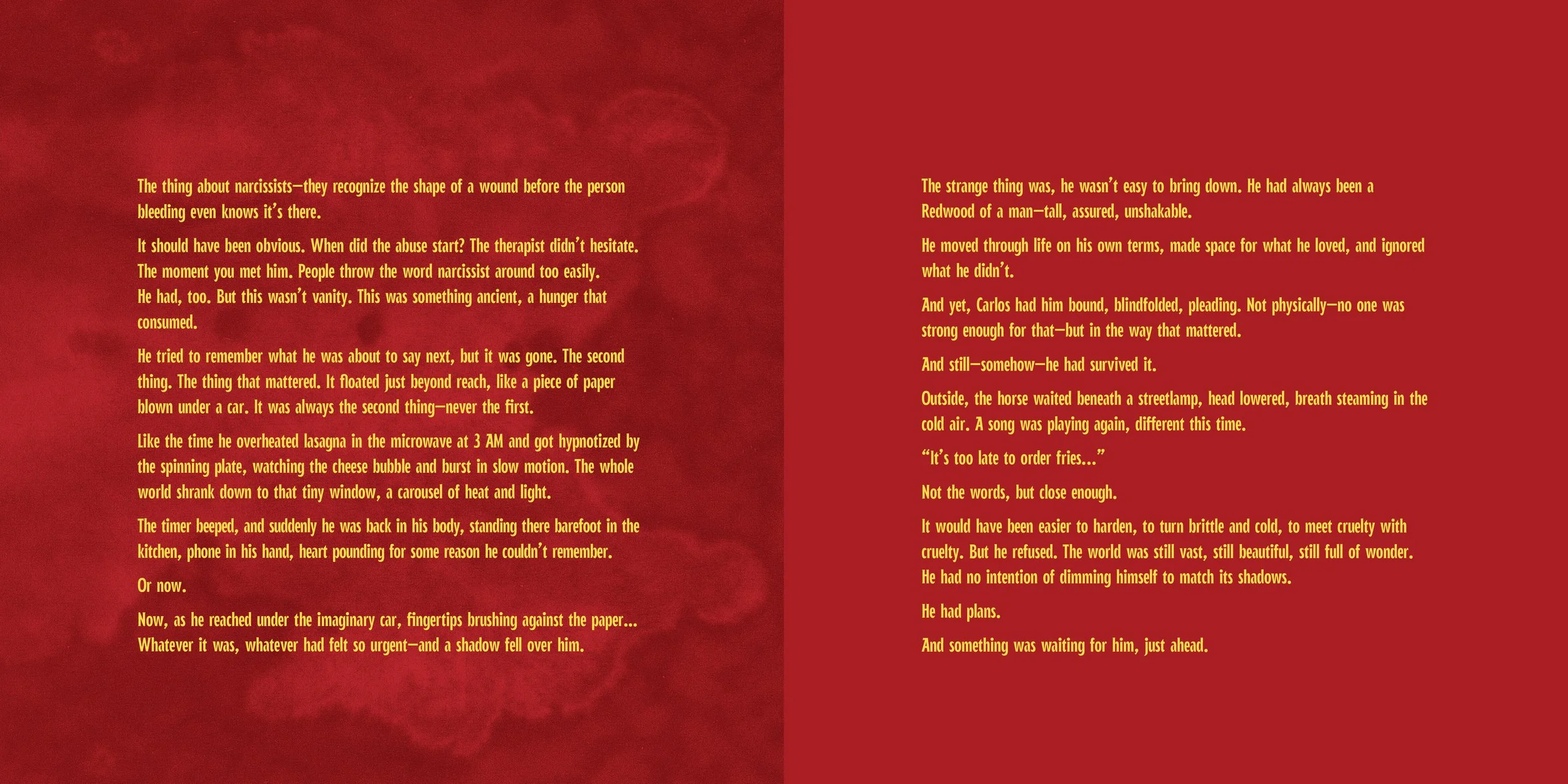 A page from a book or magazine with red background and yellow text. The text discusses narcissists, a man named Carlos, and a story involving a car, an imaginary situation, and reflections on cruelty and wonder.