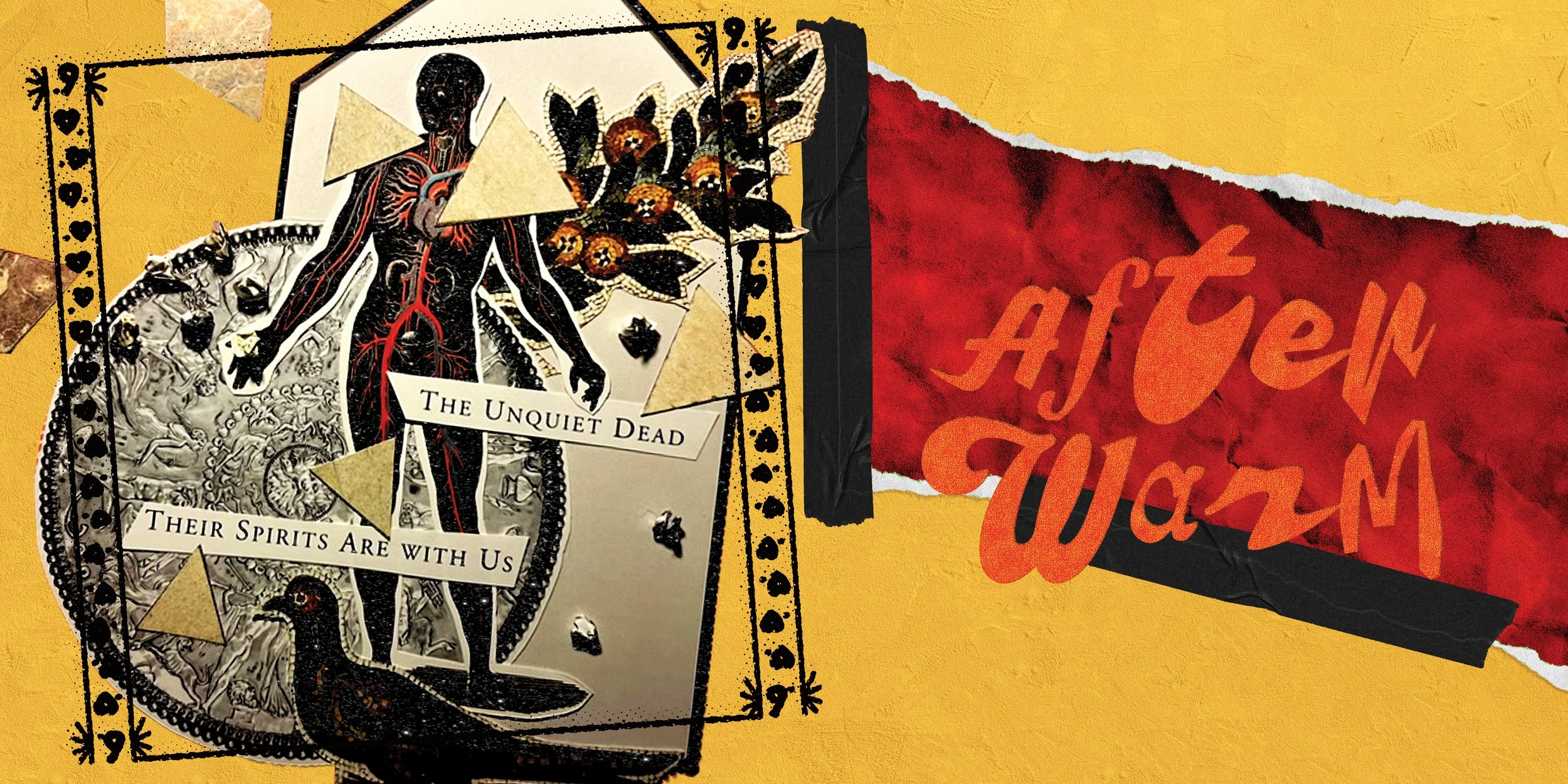 A collage-style artwork with torn paper effects and black outlines. It features the tarot card "The Unquiet Dead" with a black silhouette of a human figure, red and black veins, surrounded by black birds and flowers. There are additional illustrative elements including a horse and battle scene. To the right, partly torn paper with red background and orange text reads "after an old dream."