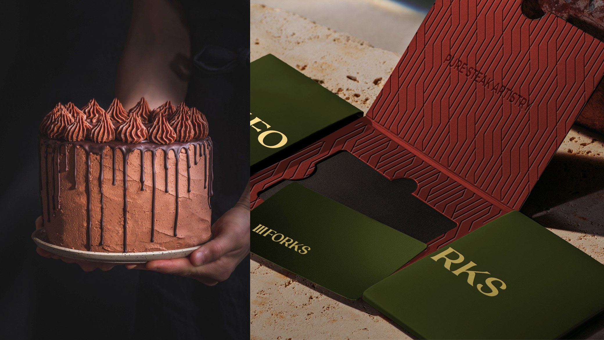 A person holding a chocolate cake with piped frosting and chocolate drizzles on top, next to an open box of RICKS chocolate bars.