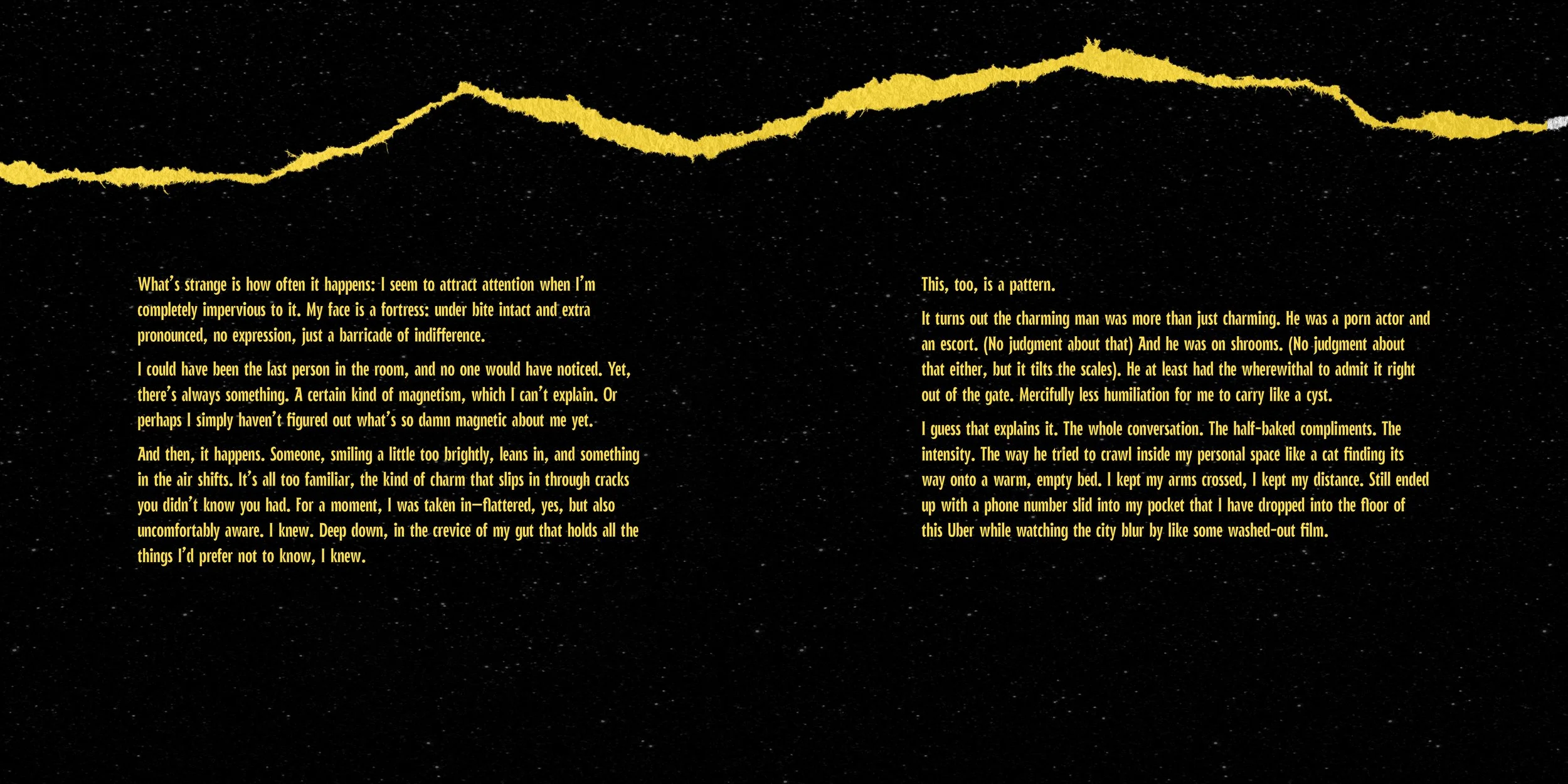 A digital image of a starry sky with a gold, torn paper-like line across the top. Below the line, there are two columns of yellow text on a black background, resembling handwritten notes or a journal entry.