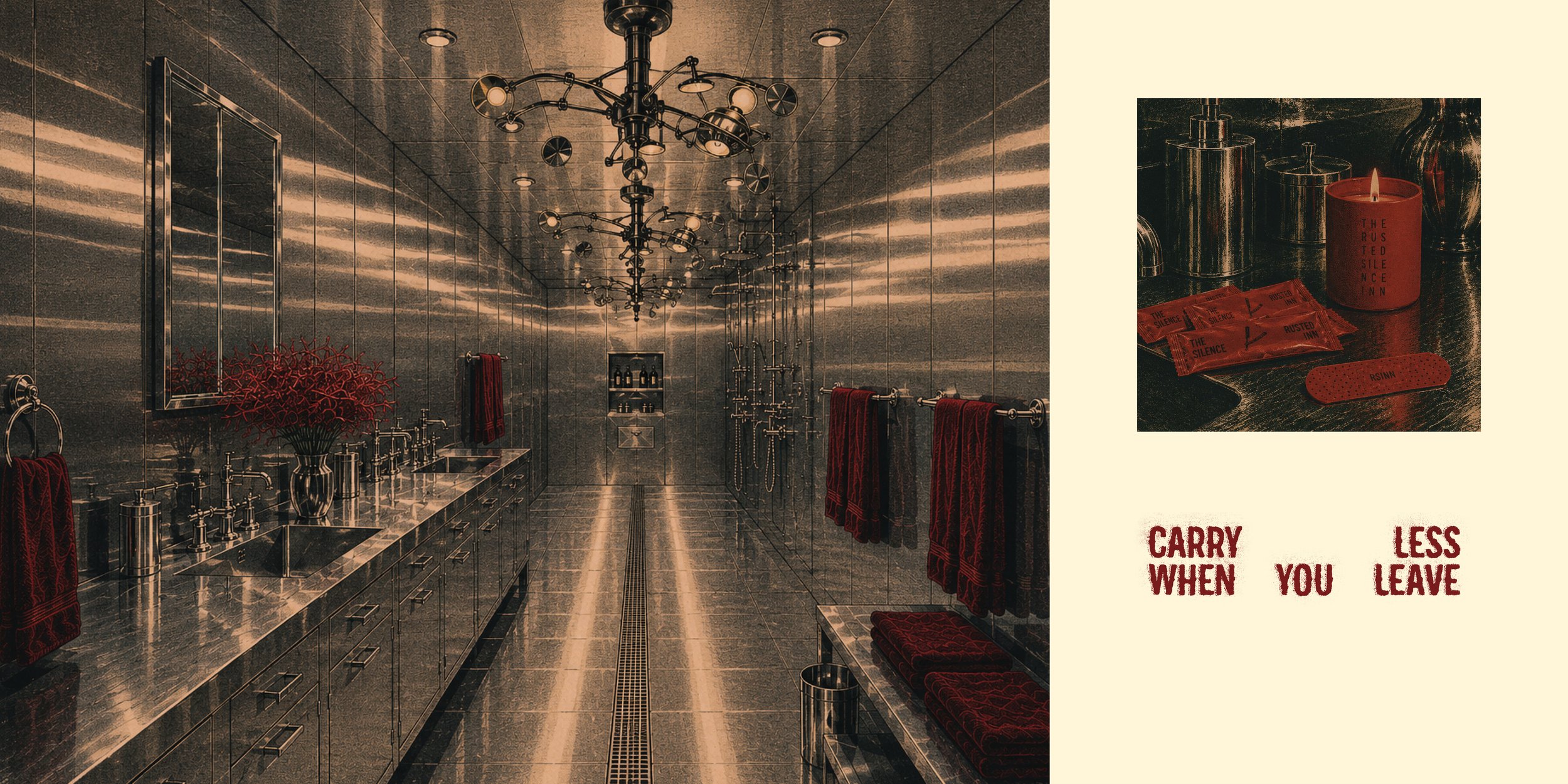 A luxurious, modern bathroom with mirrored walls, chandeliers, and red accents, including towels and candles, with a message at the bottom that reads 'Carry when you leave less'.