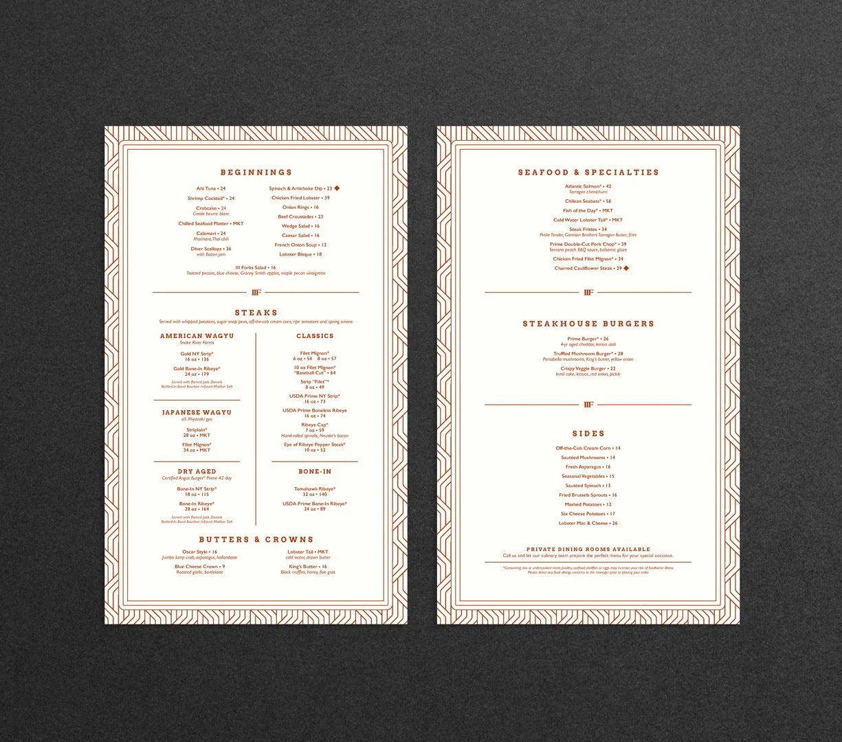 Two restaurant menus side by side on a dark background.