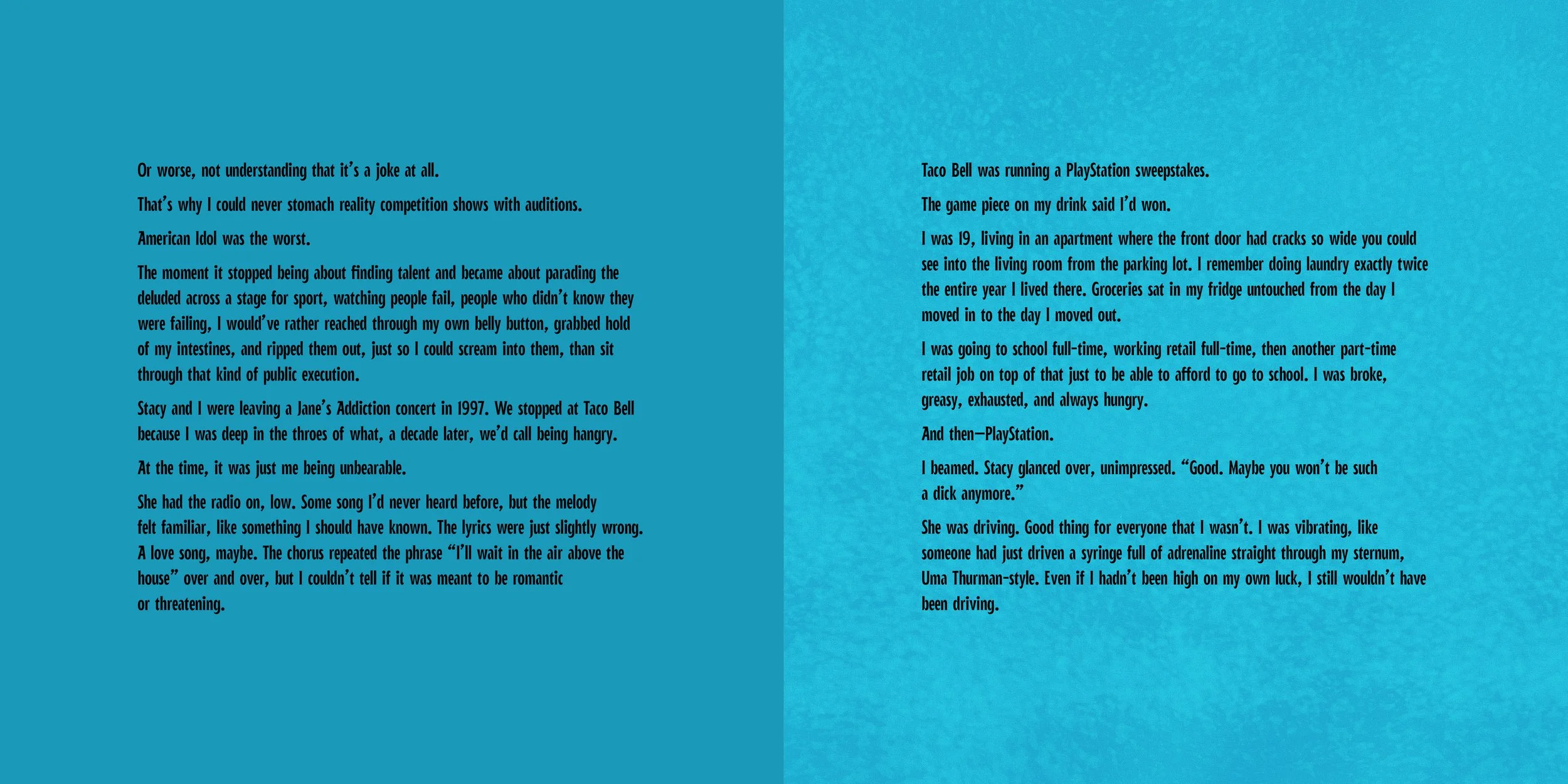 Open book with text spread across two pages, with a blue background.