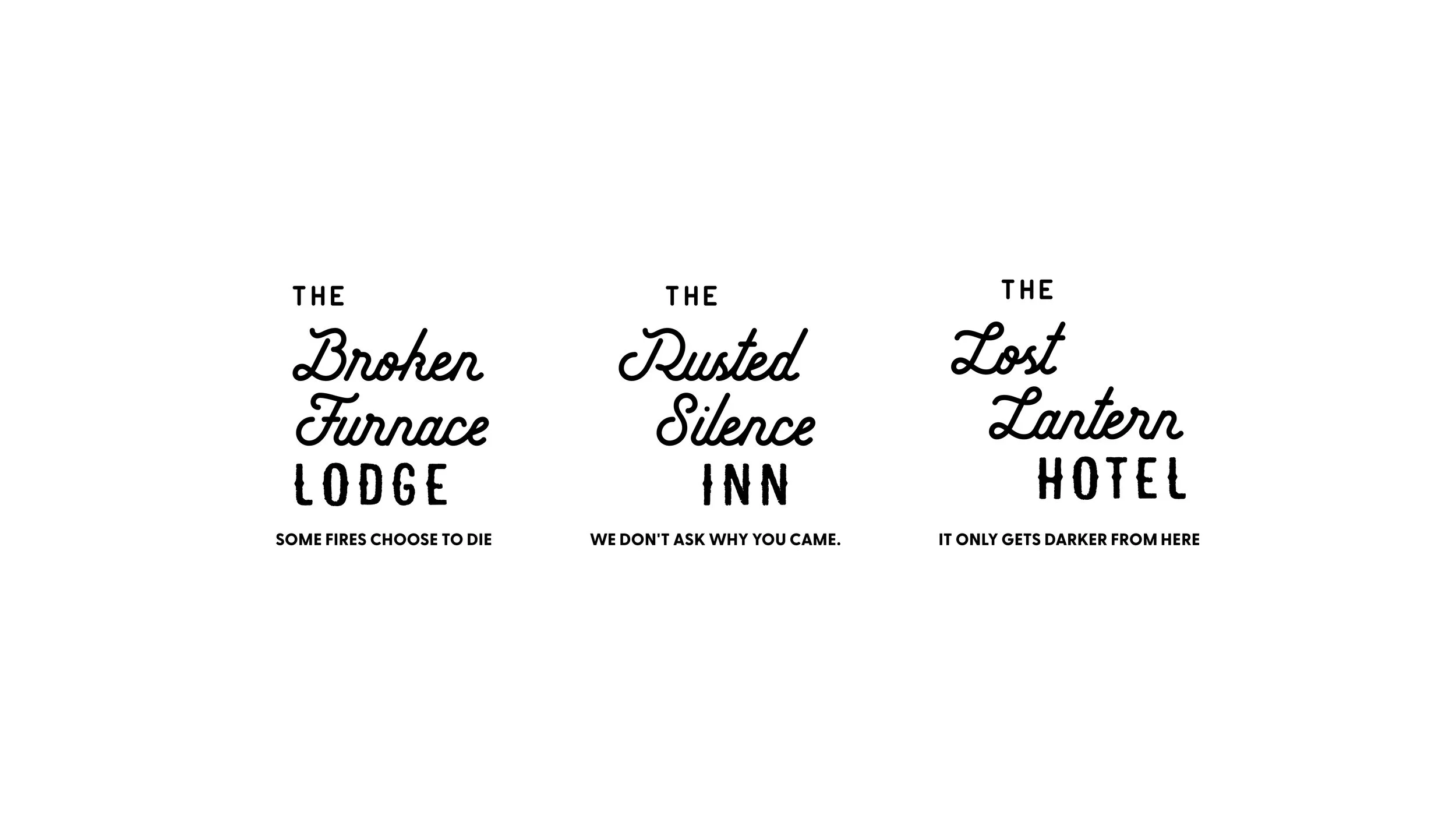 Text-based poster with three columns, each featuring a font style for different establishments, accompanied by humorous quotes about fires, silence, and darkness.