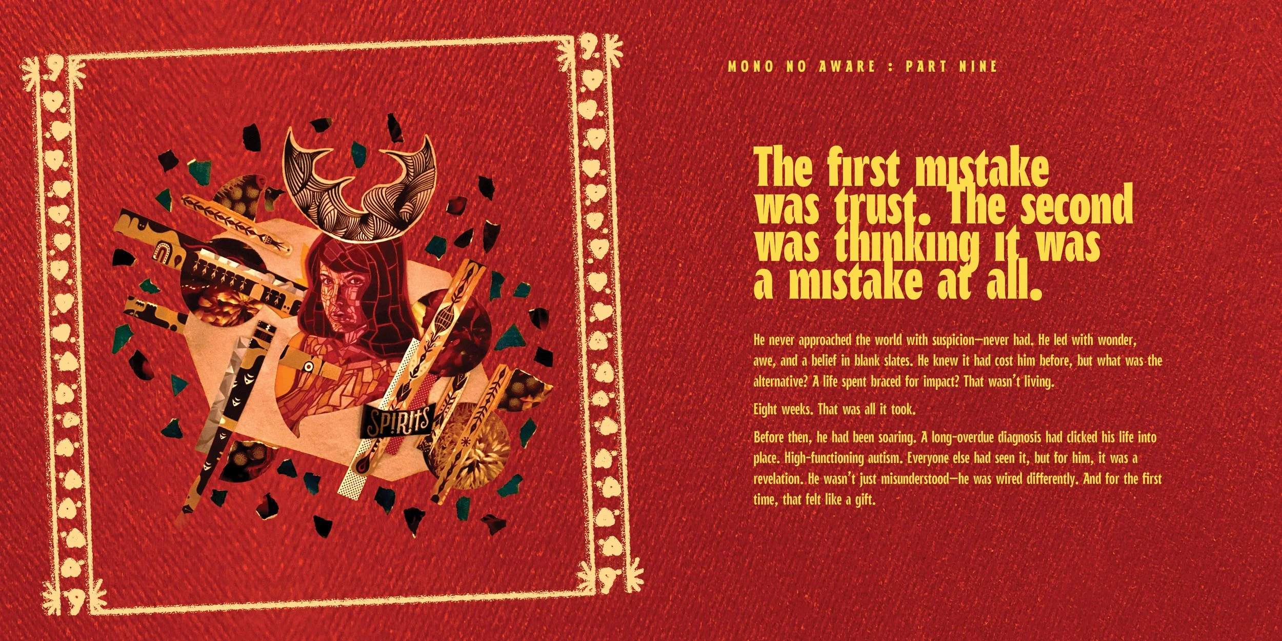 Red book cover with abstract illustration of a person surrounded by musical instruments and the word "Spirit". Yellow text on the right side reads, "The first mistake was trust. The second was thinking it was a mistake at all."