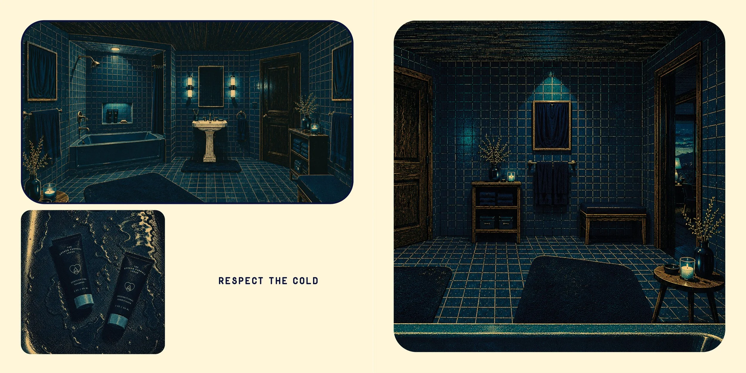 A bathroom with dark blue tiled walls and floors, featuring a bathtub, sink, and various decor items including vases, candles, and towels, with a window showing a night sky.