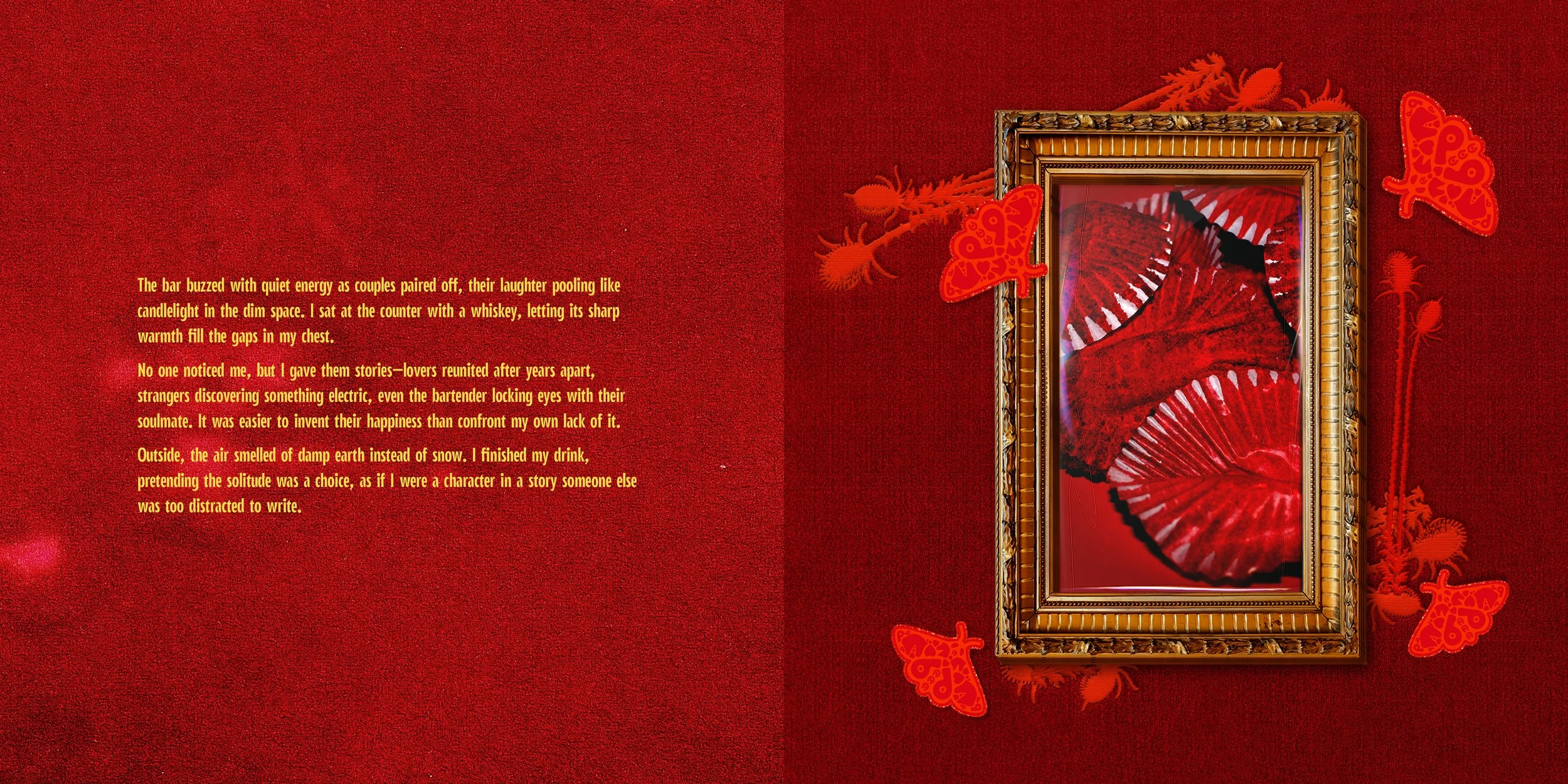 A red textured wall with a gold ornate picture frame containing red and black patterned umbrellas. There are red decorative butterflies and dragonflies around the frame. To the left, there's a yellow text passage on the wall.
