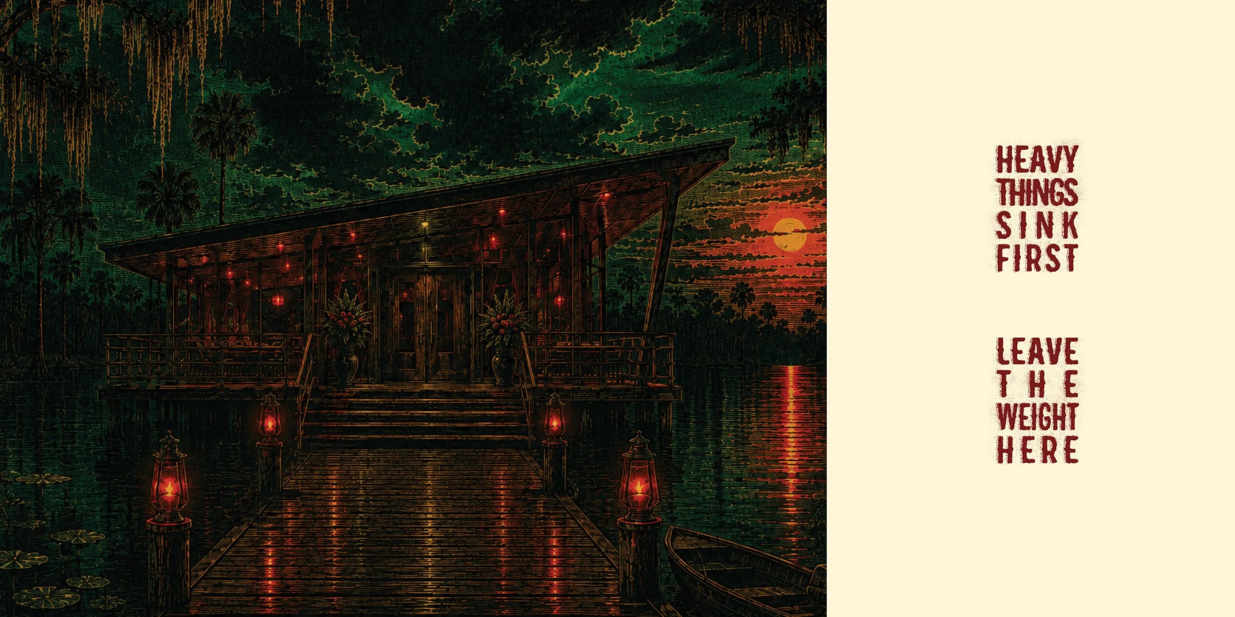 An illustration of a tropical scene at sunset, featuring a wooden house on stilts over water surrounded by palm trees, with a boat docked nearby. The sky is dark with a setting sun on the horizon. On the right side, there is a vertical beige section with the words "Heavy Things Sink First, Leave the Weight Here" written in red.