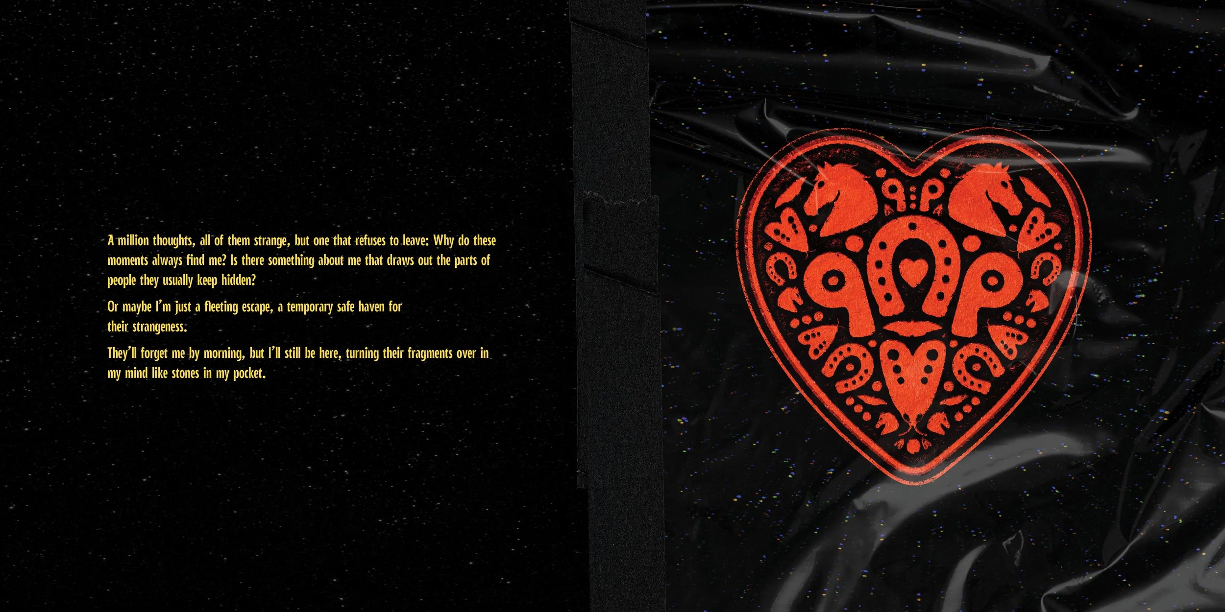 A book with a dark starry background, showing a page with yellow text and a red heart design with tribal patterns on the opposite page.