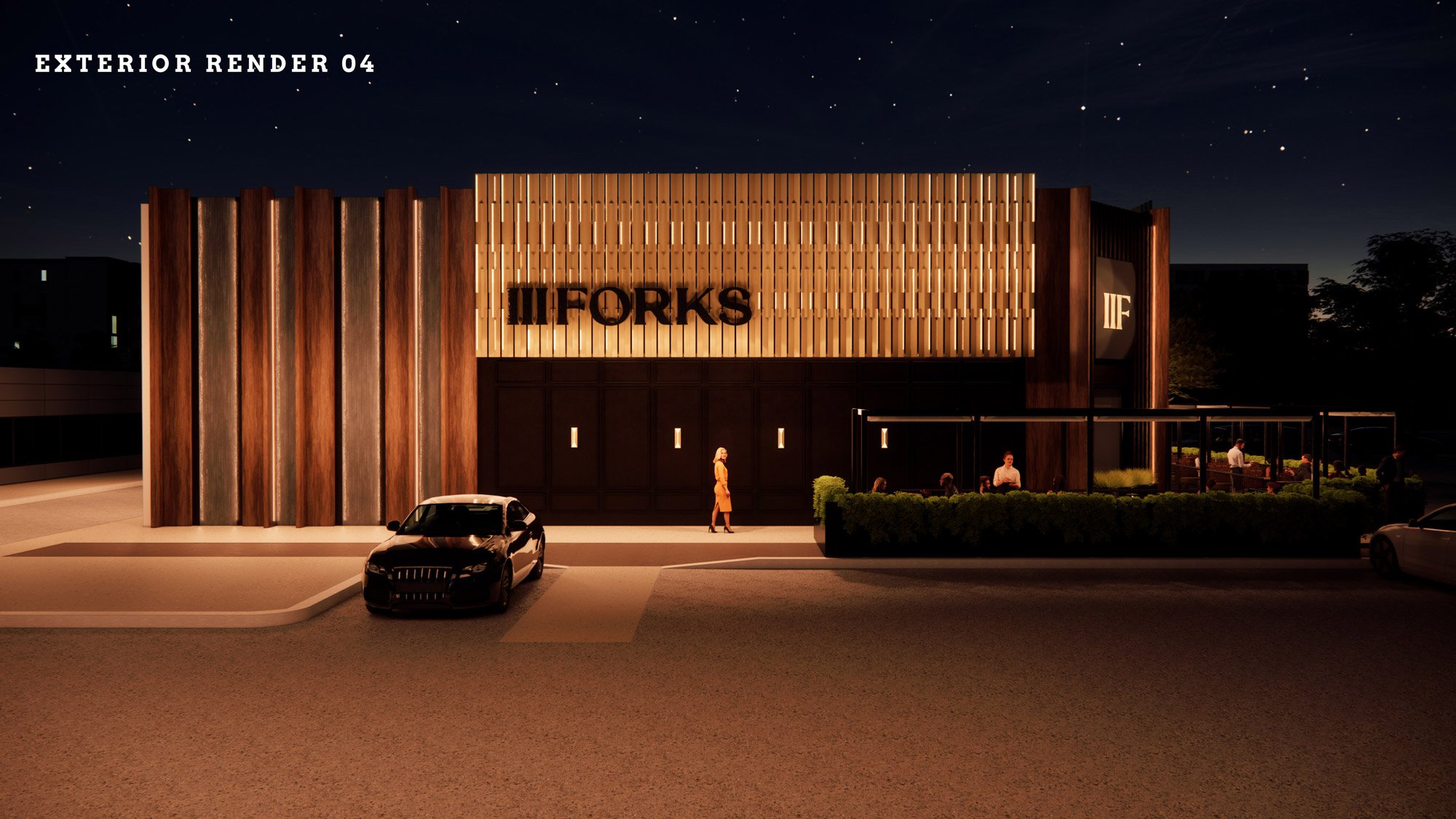 Night view of a modern restaurant with a wooden exterior facade, illuminated signage, and outdoor seating area. Car parked in front, with a woman walking nearby. The restaurant's name appears to be 'II Forks'.