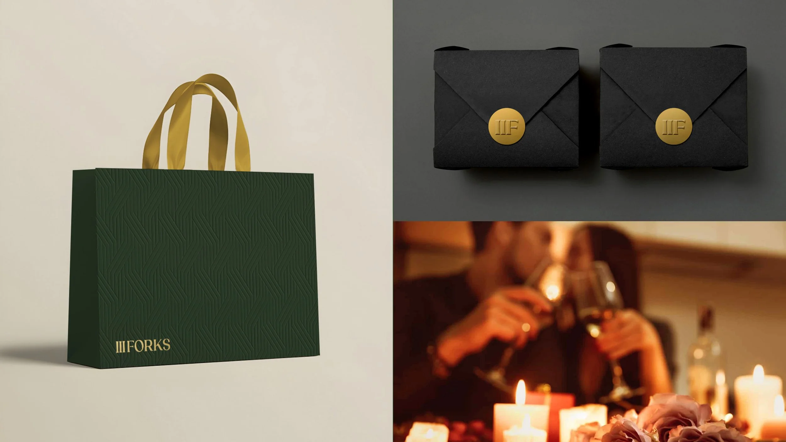 A green shopping bag with yellow handles and the word 'FORKS' in gold letters, two black boxes with gold seal stamps, and a woman with dark hair sipping wine at a candlelit dinner table.