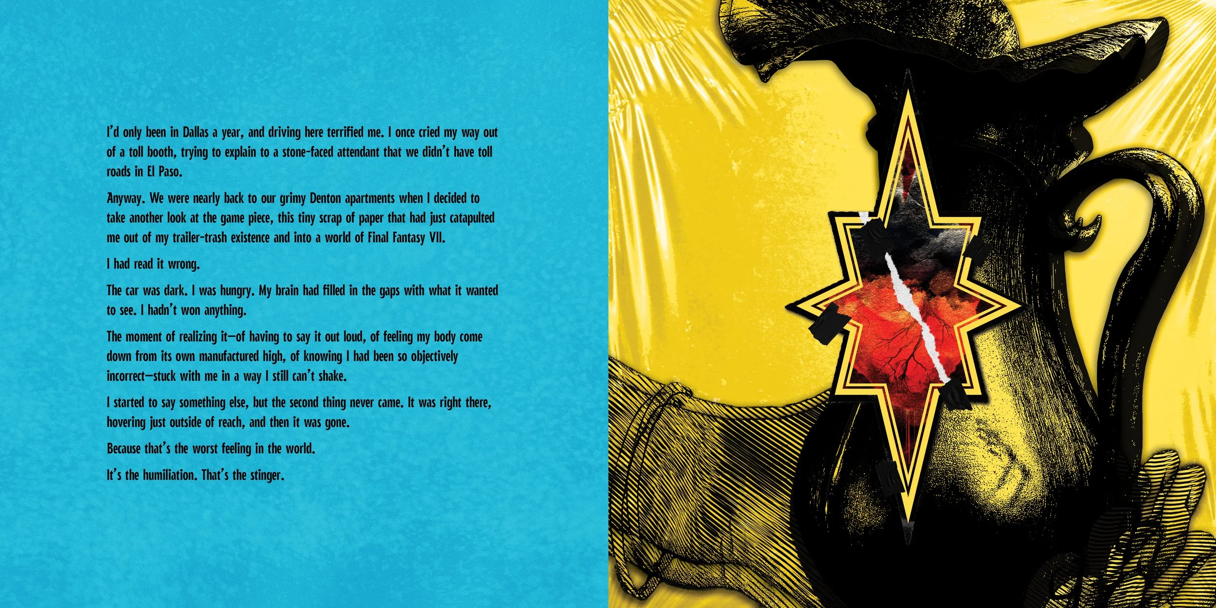 An open book with blue pages containing black typed text on the left, and a graphic image of a yellow background with a large, grunge-style black star with red and black interior, surrounded by black swirling lines on the right.