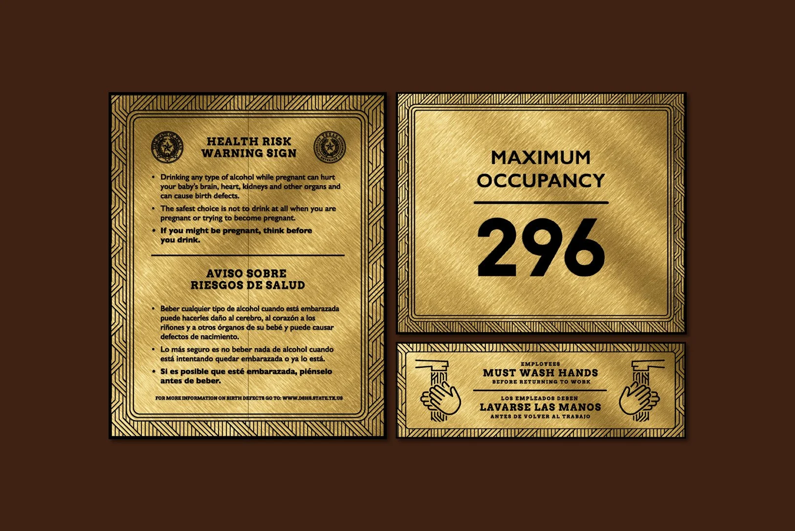 COVID-19 safety signs with health risk warnings, maximum occupancy limit, and hand washing instructions in English and Spanish, on a brown background.