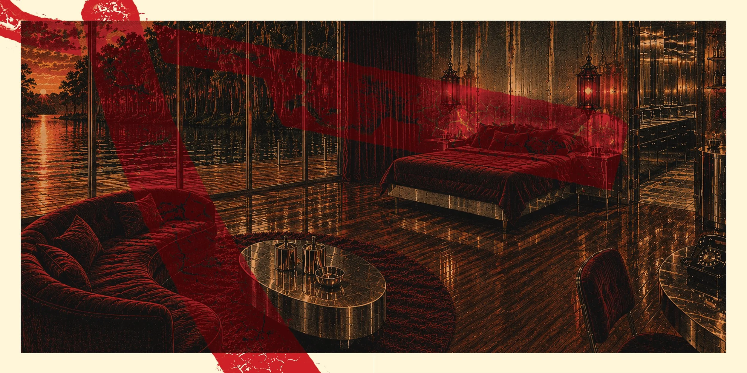 A luxurious bedroom with large glass windows overlooking a river and forest at sunset. The room is decorated with dark red velvet furniture, including a curved sofa, a bed, and matching pillows. There are two round coffee tables with candles, and wrought iron lanterns hang from the ceiling. The room has wooden floors and a dark, elegant decor.