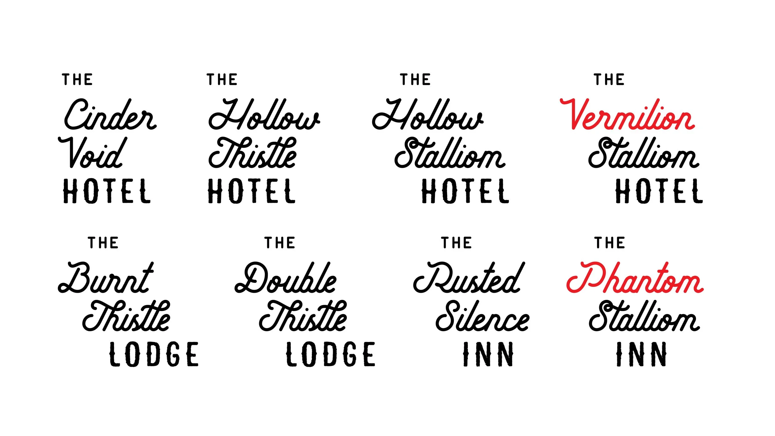A collage of vintage-style hotel names with varied fonts, including 'Vermilion Stallion,' 'Burnt Thistle,' 'Double Thistle,' 'Rusted Silence,' and 'Phantom Stallion,' arranged in a grid.