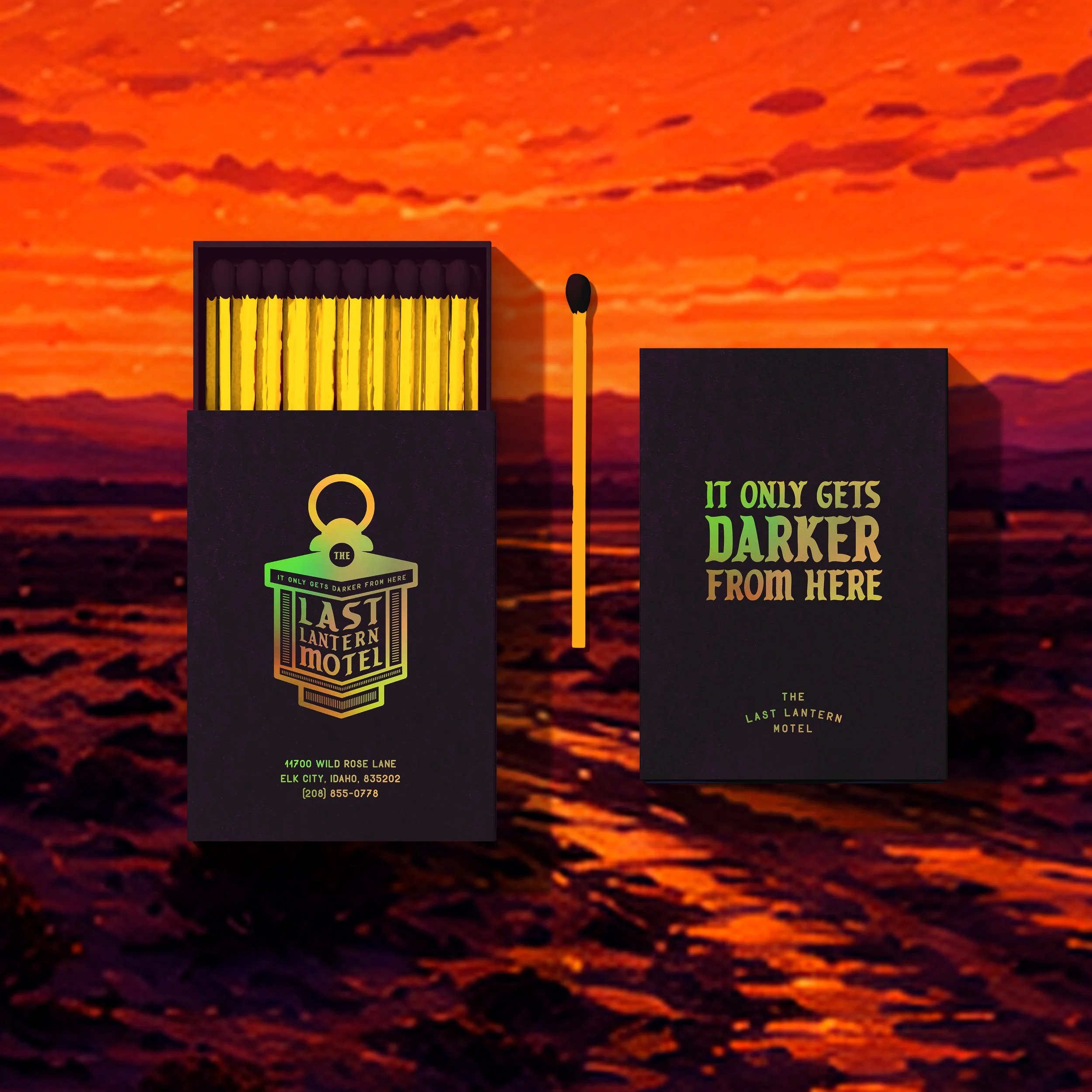Business cards for The Last Lantern Motel with matching pitch-black color and yellow-printed text, featuring matches in the background and been set against a sunset sky.