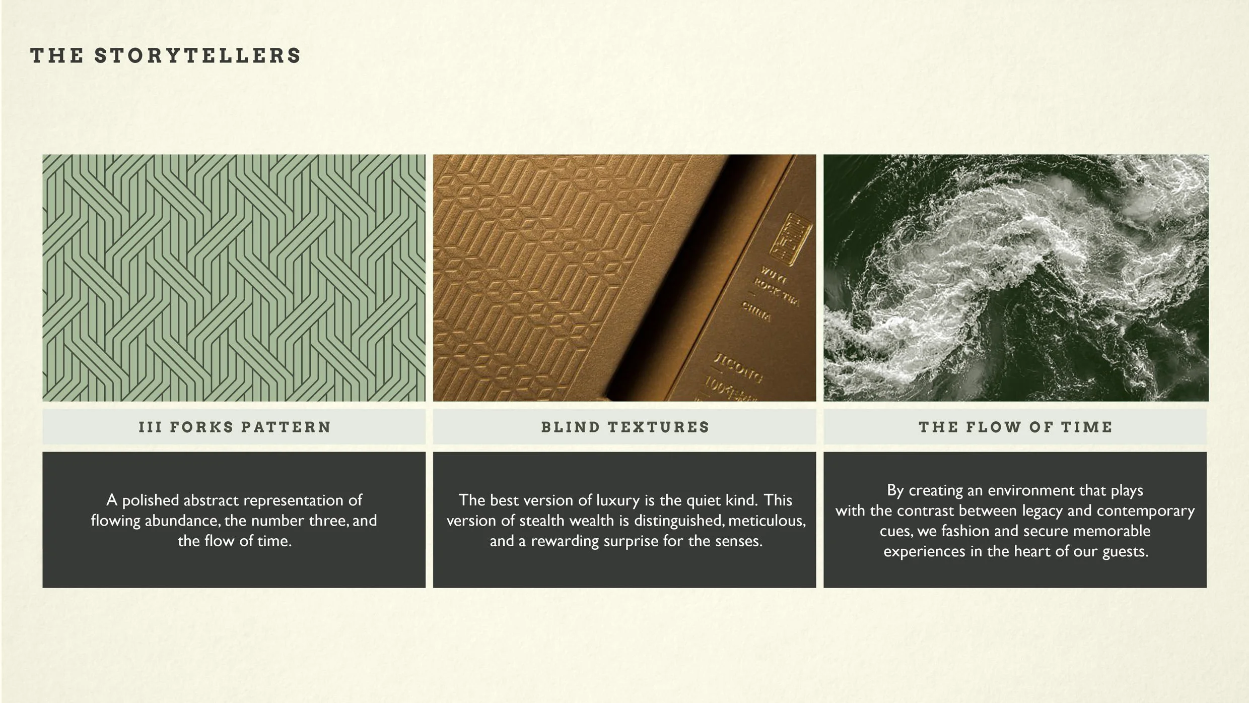 A design layout titled "The Storytellers" with three visual sections: the first showing a green pattern labeled "III Forks Pattern," the second depicting a close-up of textured brown book covers labeled "Blind Textures," and the third featuring an aerial view of turbulent ocean waters labeled "The Flow of Time." Below each section, there are descriptive texts elaborating on each theme.
