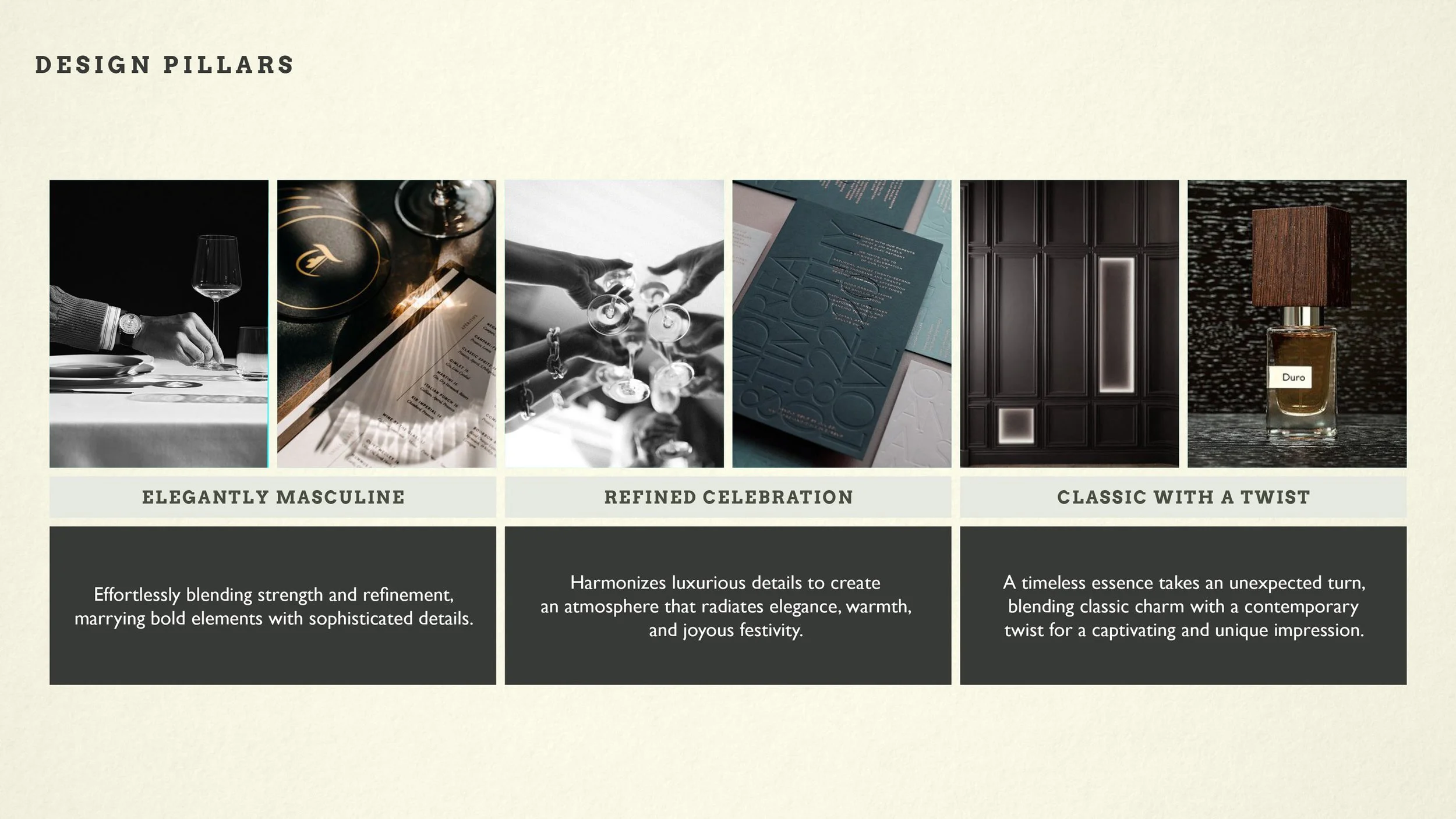 Design pillars infographic with seven images and descriptions. From left to right: a person setting a wine glass, a close-up of a plate and wine glass, people toasting with wine glasses, a menu and documents, a dark interior wall with panels, and a bottle of Duro perfume with a wood cap.