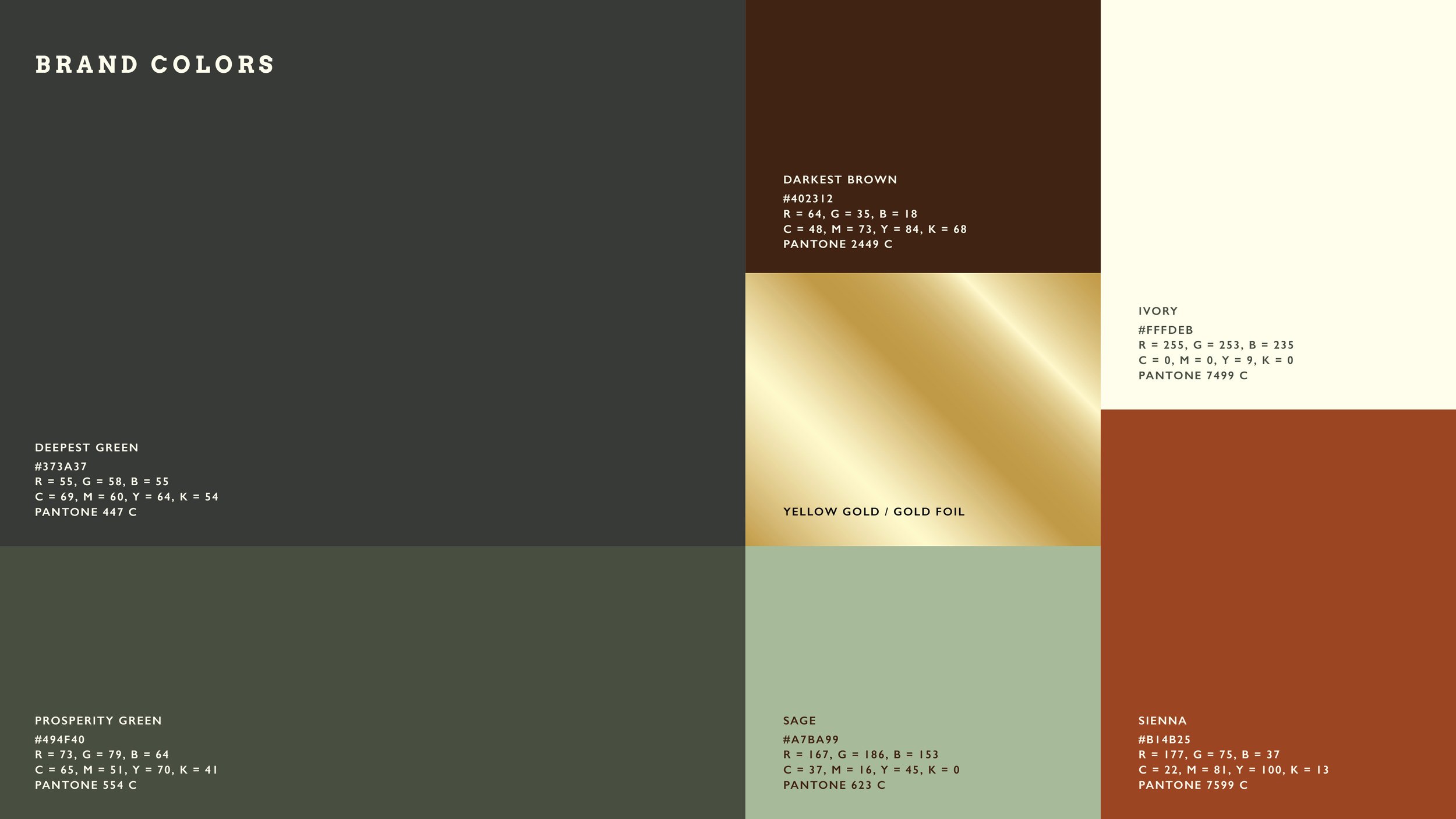 A color palette chart with labeled swatches, including dark brown, ivory, yellow gold/gold foil, sage, sienna, prosperity green, and deepest green, each with color codes and Pantone references.
