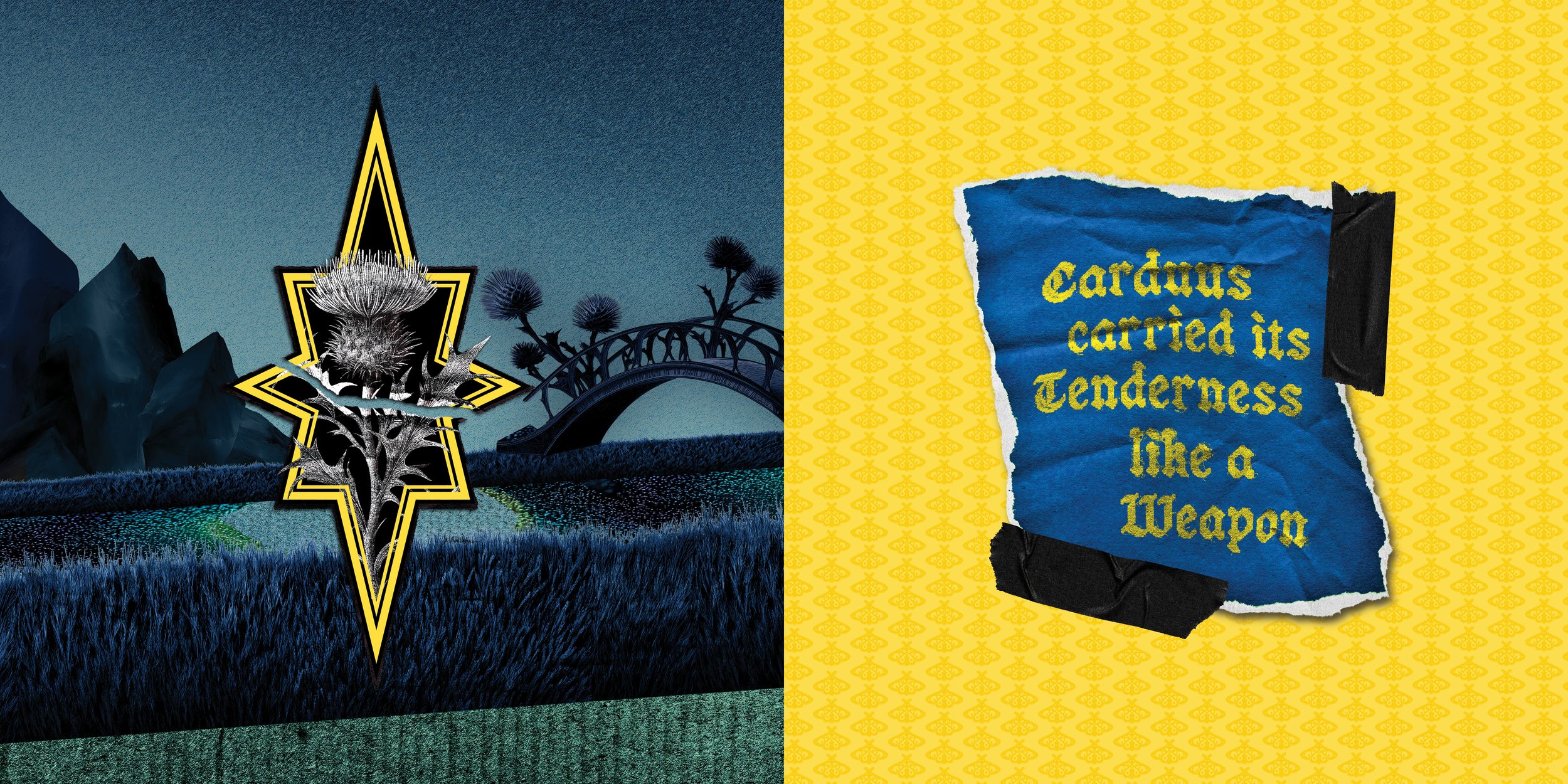 A digital collage with two sections. The left features a dark, stylized landscape with a large yellow-outlined star shape overlaying a thorny plant, a bridge, and mountains. The right shows a piece of torn blue paper with gold lettering that says, 'caritas carried its tenderness like a weapon,' on a yellow patterned background.