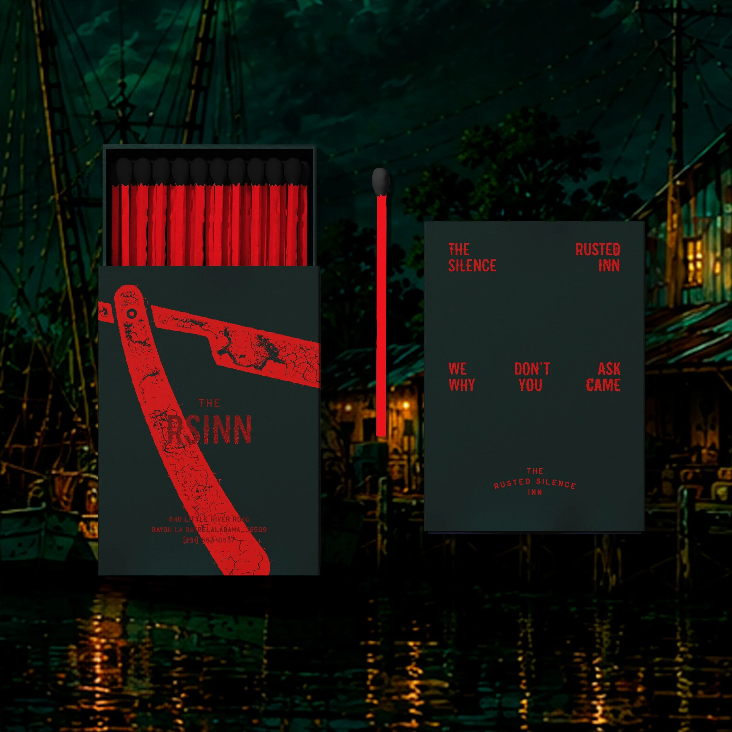 Promotional poster for a haunted house attraction called 'The Rusted Silence Inn' featuring a red and black color scheme, with a cracked rusty axe and text with address and contact information.