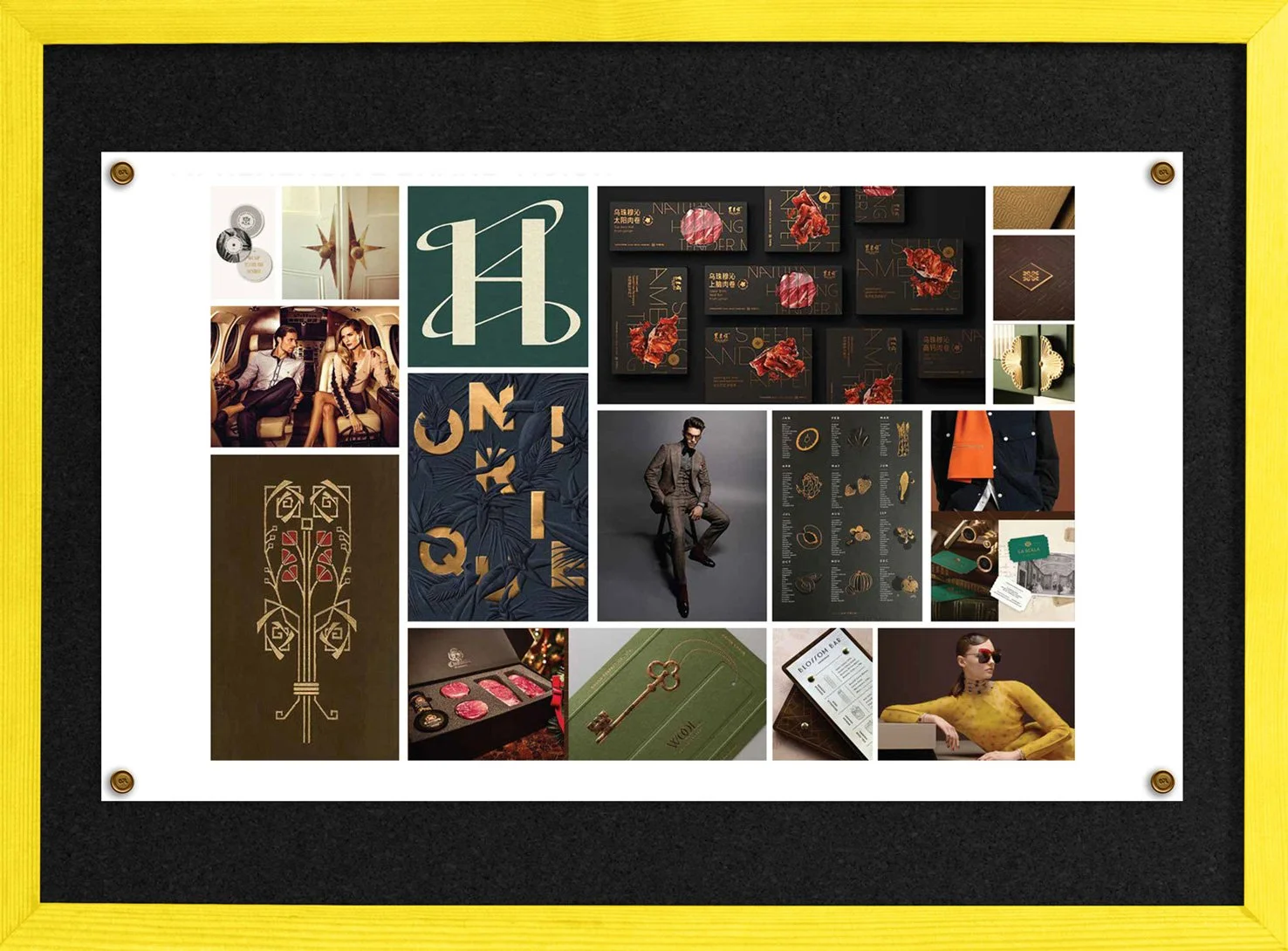 A collage of luxury fashion and lifestyle images featuring models, jewelry, packaging, and promotional materials, all framed with a yellow border.