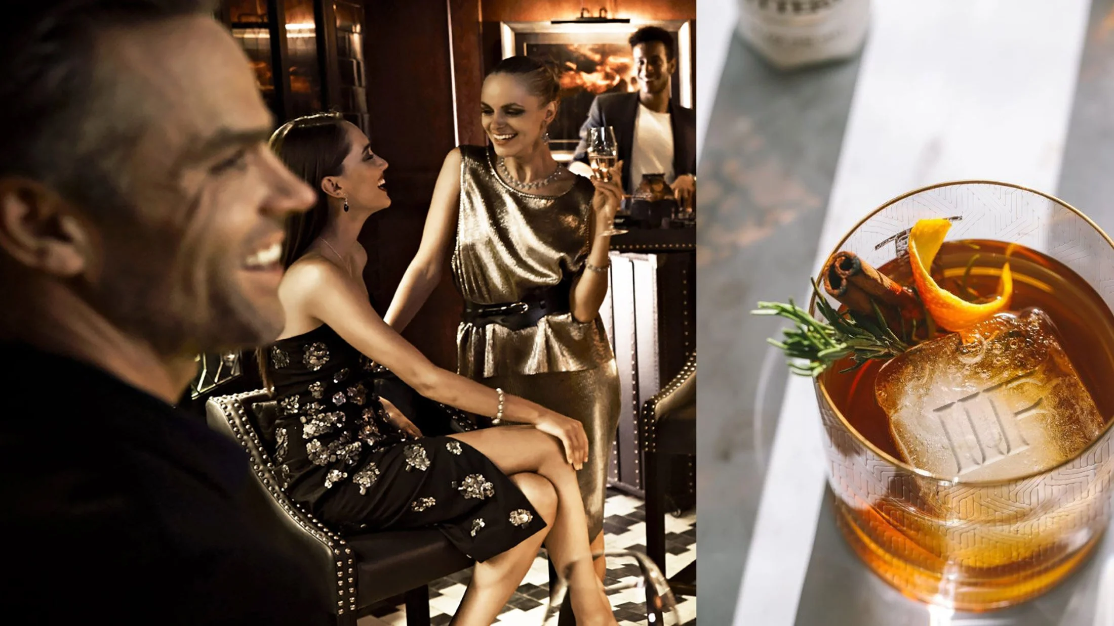 People enjoying cocktails at a party, with a woman in a shiny gold dress smiling and holding a drink, while a man and another woman sit nearby. A close-up of a stirred drink with ice, orange peel, and herbs on a table.