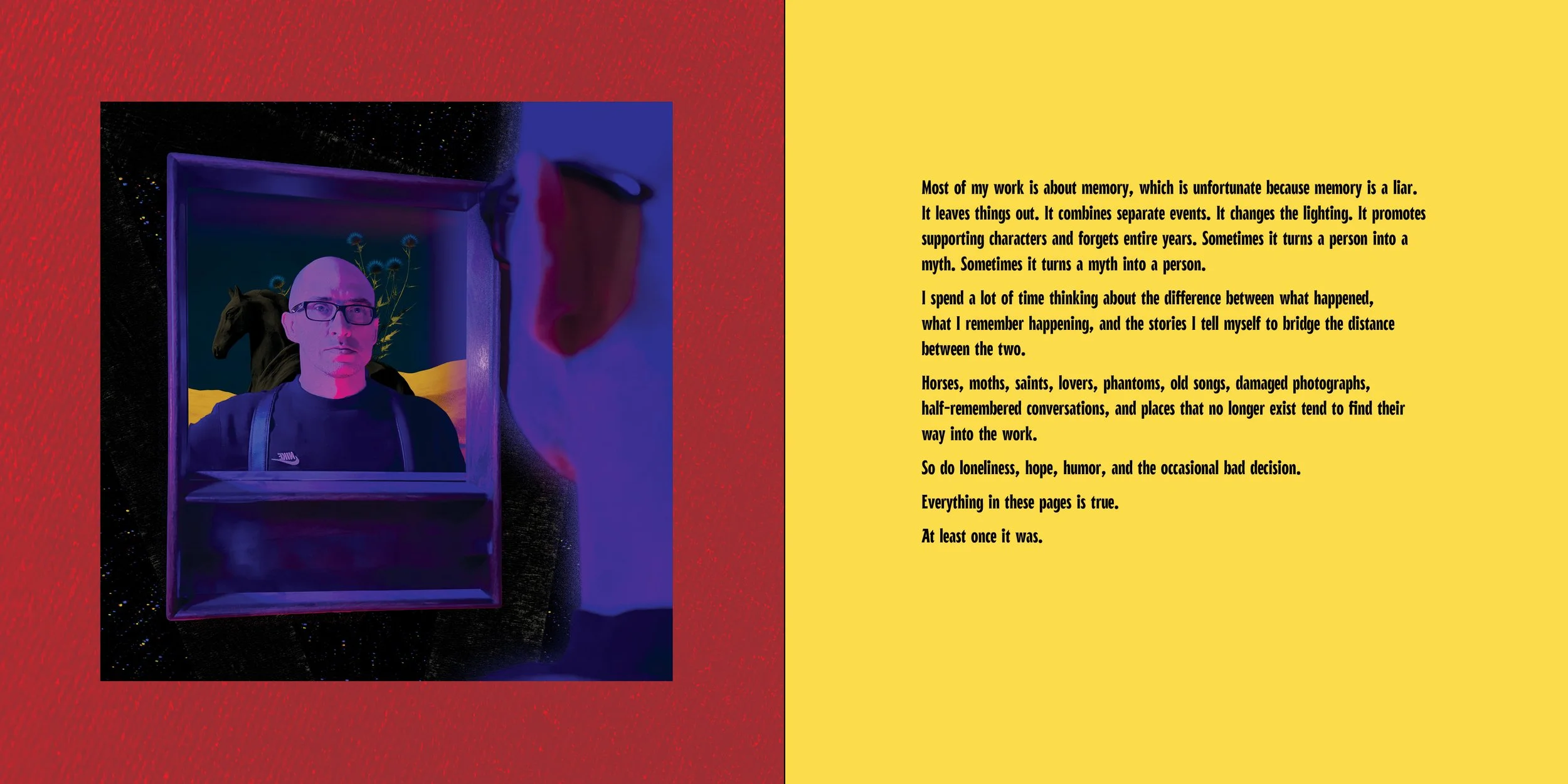 A person with glasses looking into a mirror, with a black horse, yellow hills, and a blue night sky with stars reflected in the mirror. The background presents a combination of textured red and yellow wall with a block of text next to the image.