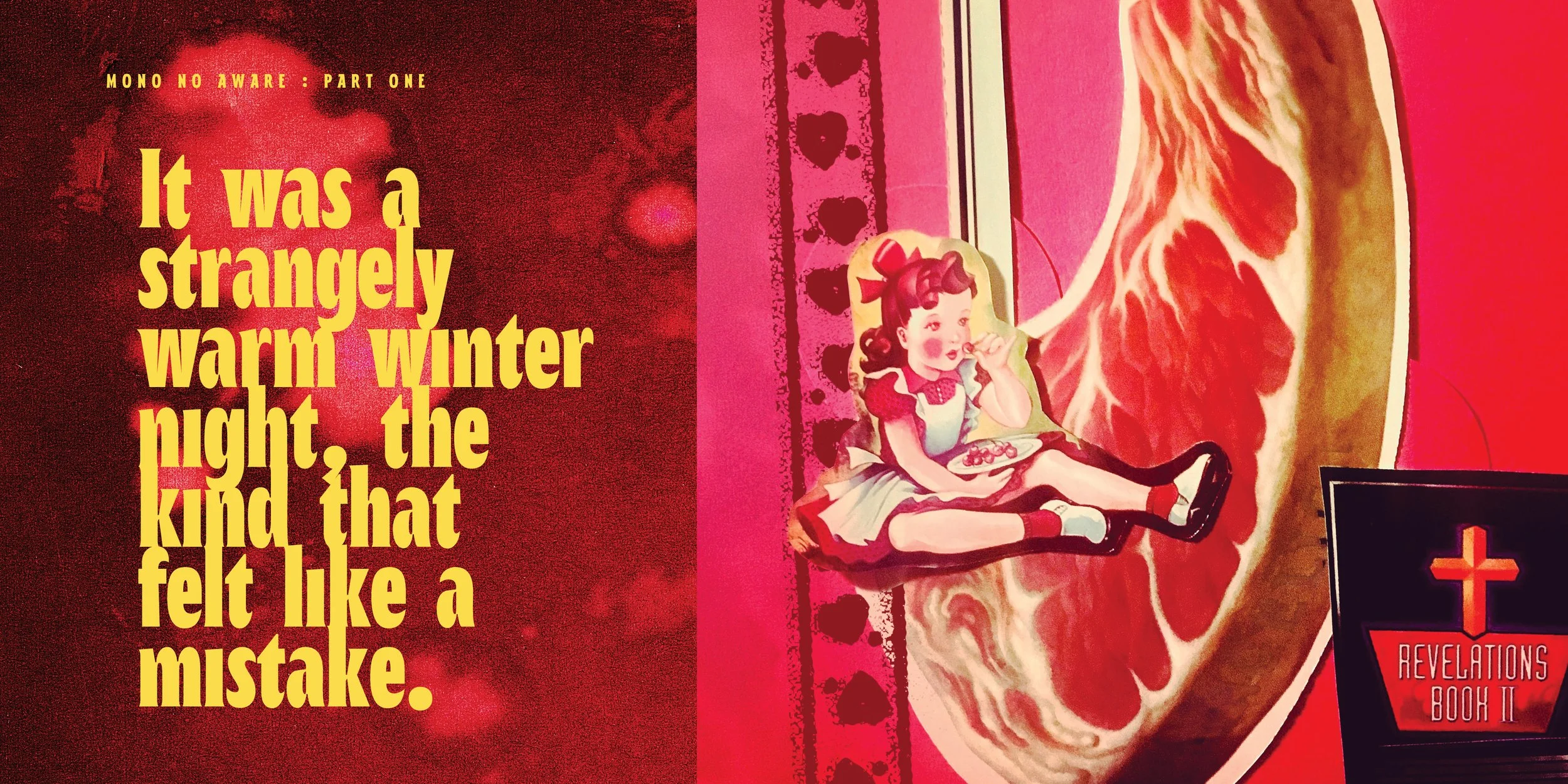 Part of a book cover titled 'It was a strangely warm winter night...'. The cover features a vintage-style illustration of a young girl with dark hair, sitting and eating a plate of cherries, with a large, colorful swirl background resembling a pizza. There is also a black and red symbol with the words 'Revelations Book II' on the lower right corner.