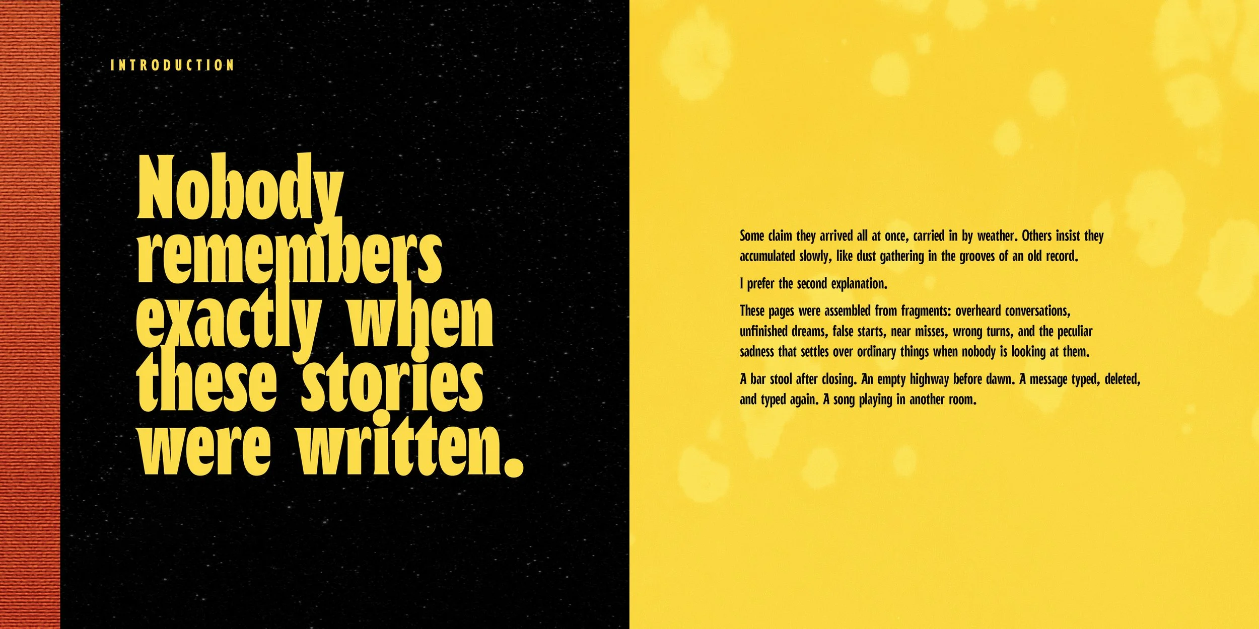 Book page with the title 'Nobody remembers exactly when these stories were written' in large yellow text on a black background and a yellow section with smaller text on the right.