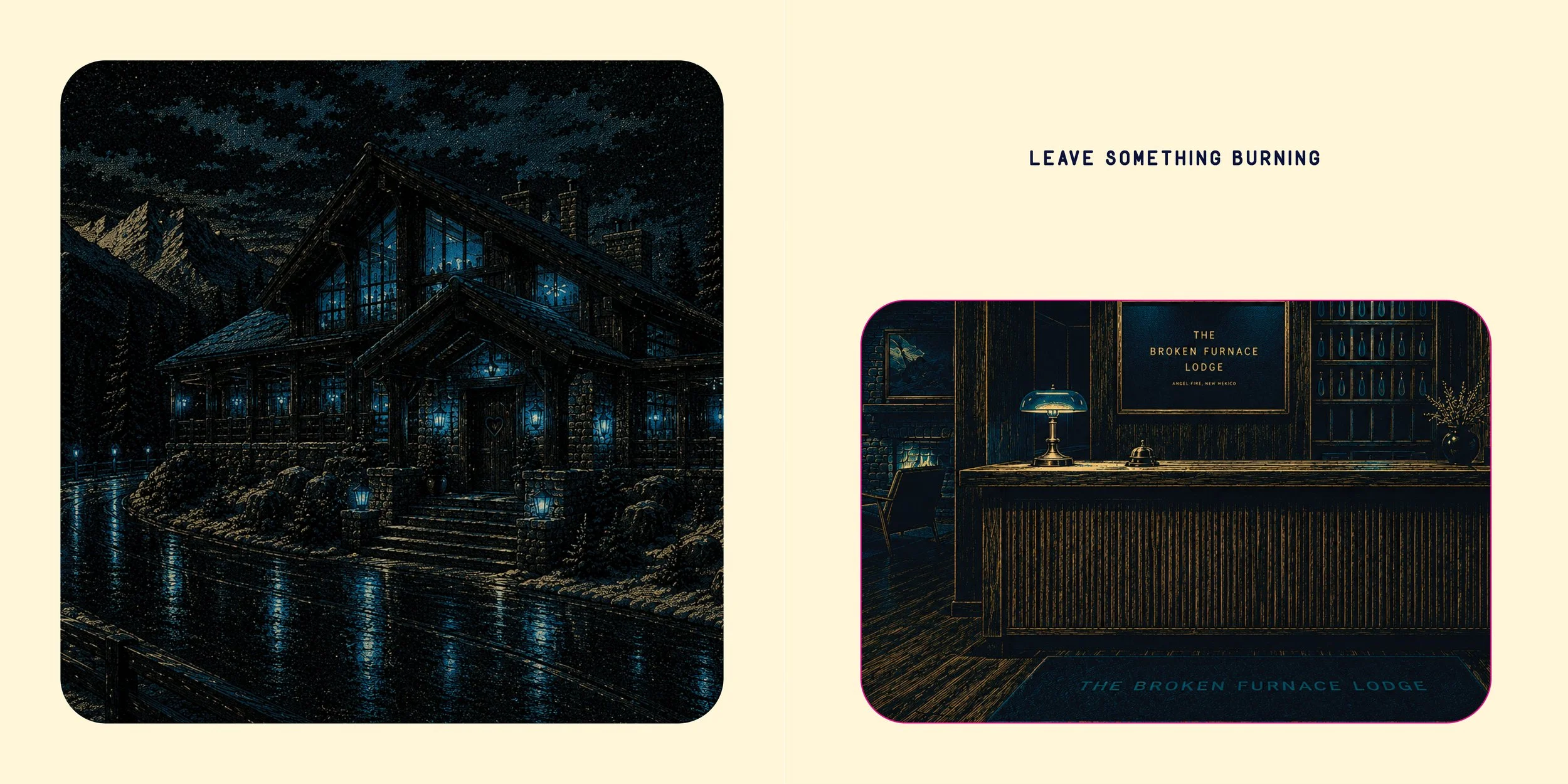 Nighttime illustration of a large rustic lodge with blue lights, mountains in the background, and a body of water in front. Inside, a scene of a cozy interior with a bar, framed picture, lamp, and shelves of bottles.