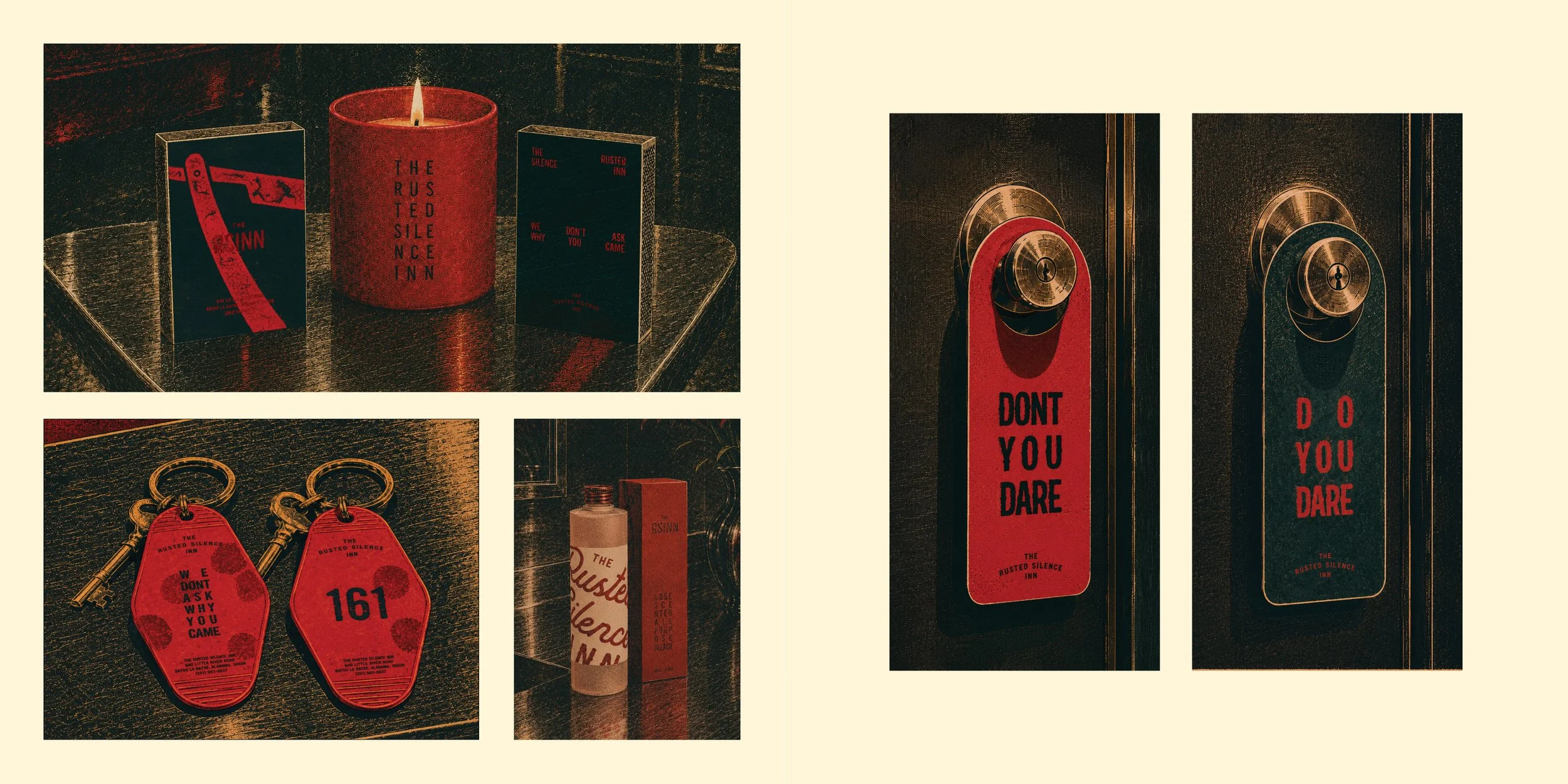 A collage of items with the theme "The Rusted Silence Inn" including a lit candle in a red holder, two black boxes with red text, two red keychains with black text, and a red tag with black text attached to a door lock.