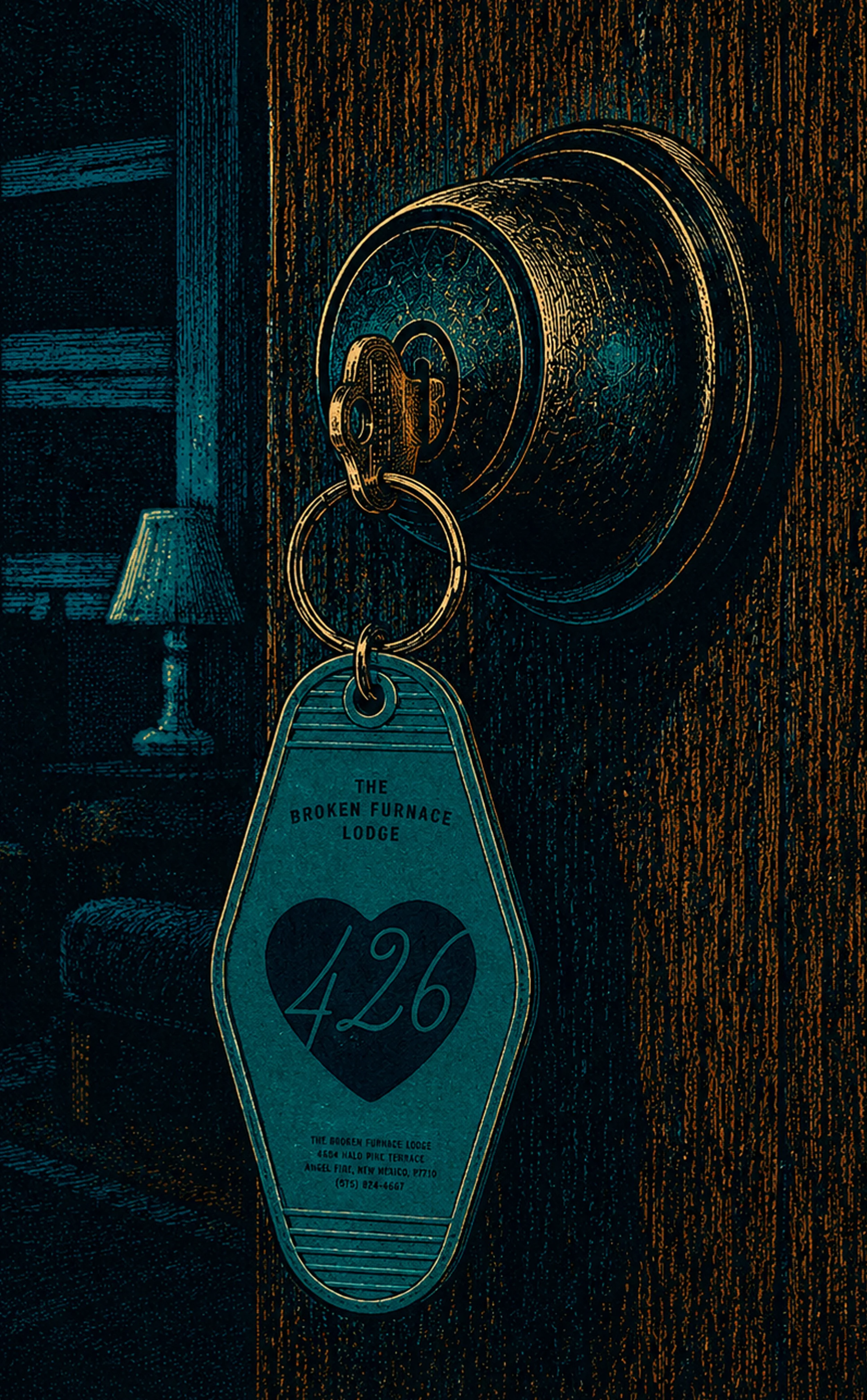 Illustration of a door with a doorknob and a keyring tags. The tag reads "The Broken Furnace Lodge" with a heart containing the number 426, and an address in New Mexico.