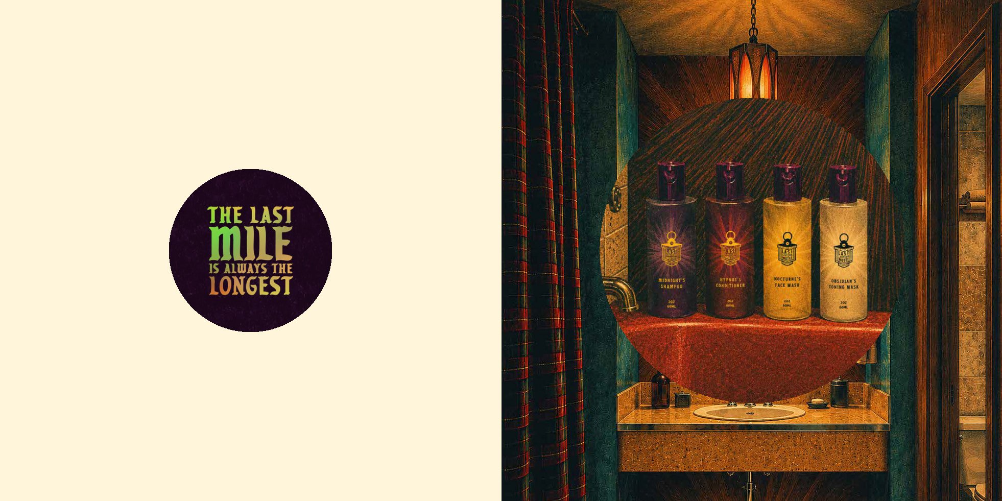 The left side of the image features a beige background with a black circle containing the quote, "The last mile is always the longest," in green and orange text. The right side shows a bathroom mirror with four hair care bottles labeled Midnight's Shampoo, Hype's Conditioner, Nocturne's Face Wash, and Obsidian's Toning Mask, positioned on a red surface with a wooden ceiling and walls.