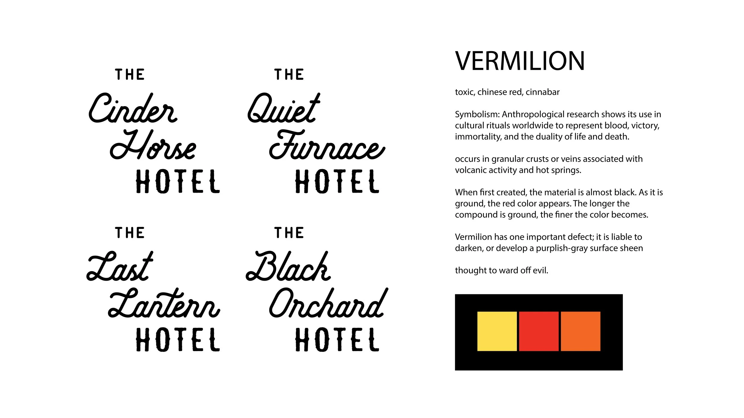 An infographic titled 'The Cinder Horse Hotel' and 'The Quiet Furnace Hotel' with information about vermilion, its symbolism, occurrence, and defects, alongside a color palette with yellow, red, orange, and black.