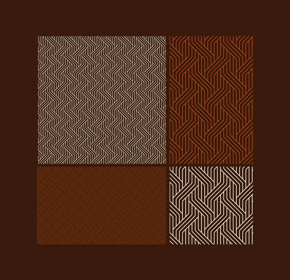 Four squares with geometric line patterns in white, brown, and red colors on a dark brown background.