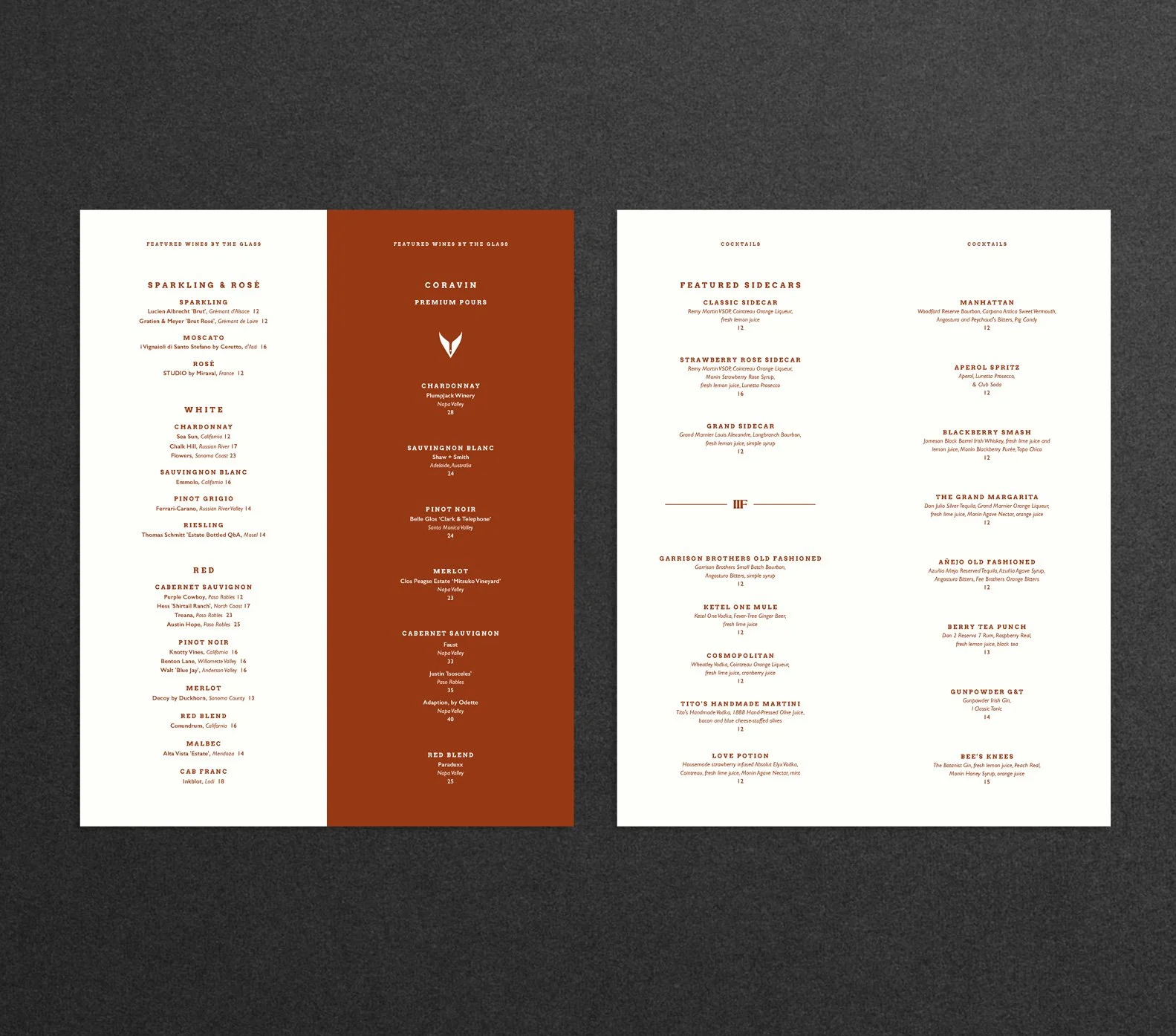 Two menus on a black background, one features wine options and the other cocktail options, with sections for different types of drinks and prices.