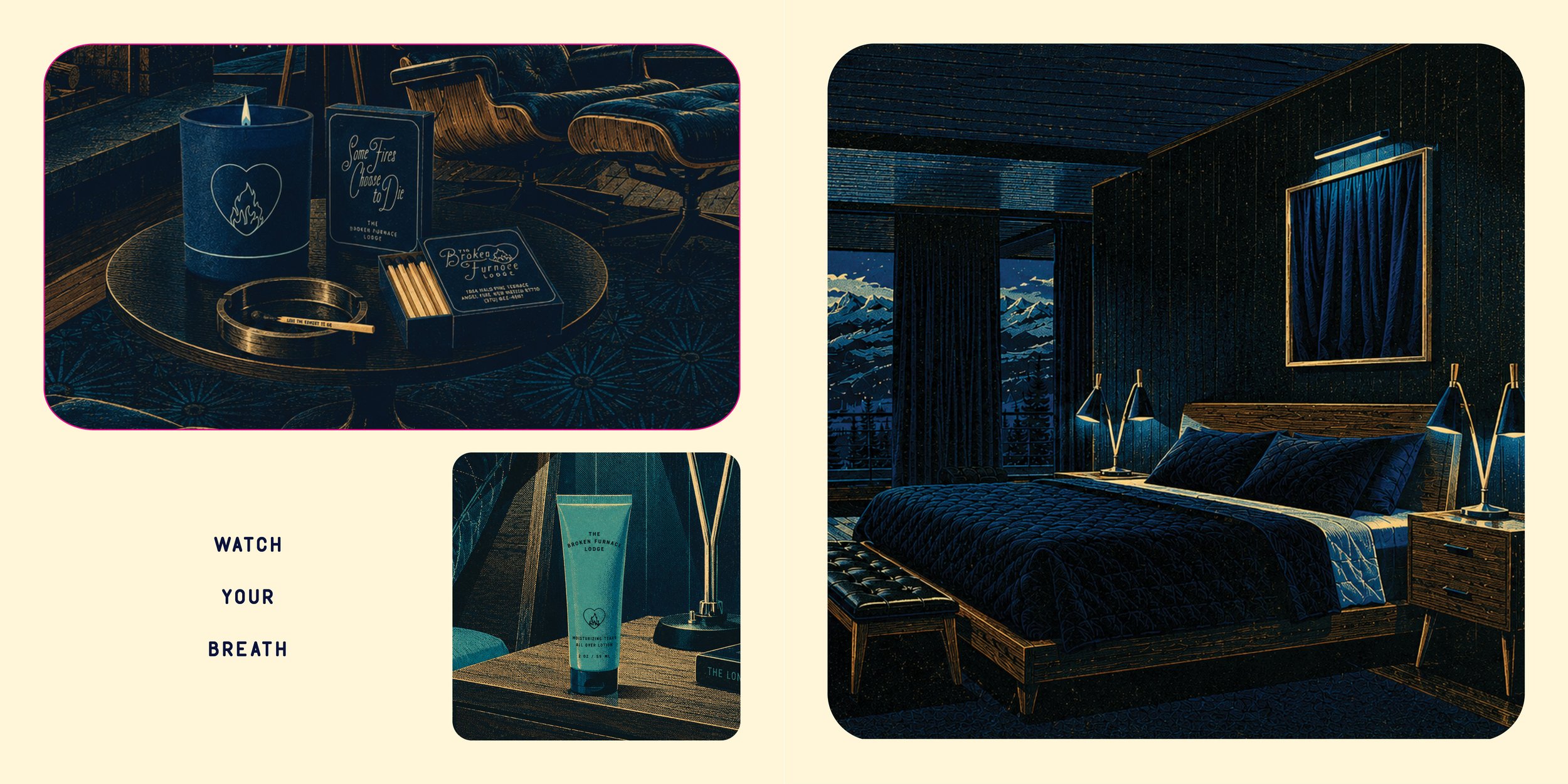 A cozy bedroom with large window views of a snowy mountain landscape at night, dark-colored walls with gold accents, and modern bed with dark bedding and matching pillows. Small bedside lamps provide warm lighting.