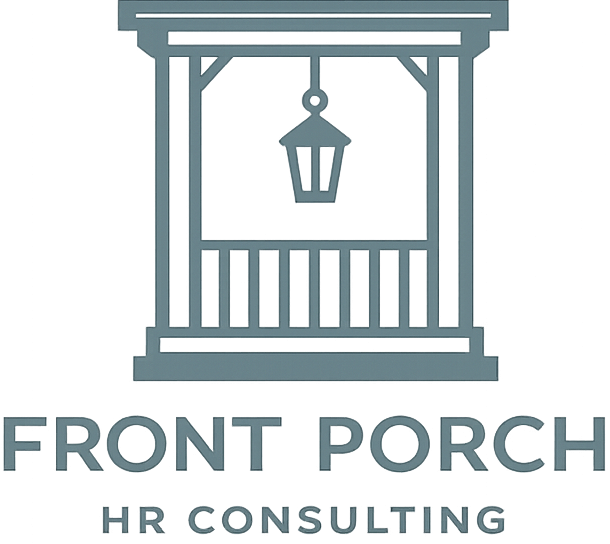 Line drawing of a front porch with a hanging lantern, with the text 'FRONT PORCH HR CONSULTING' underneath.