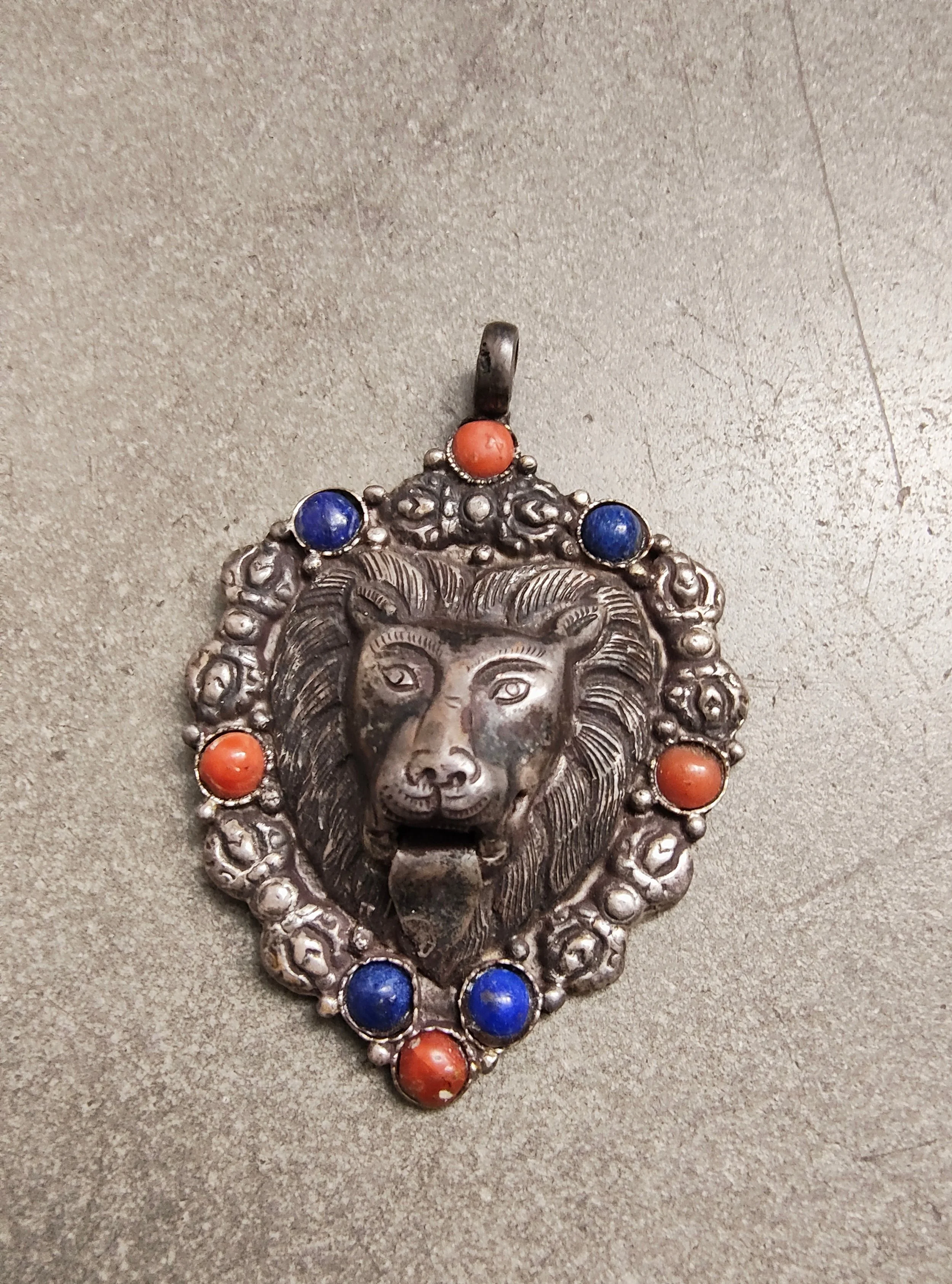 Sterling Silver Lion Pendant with Coral and Lapis