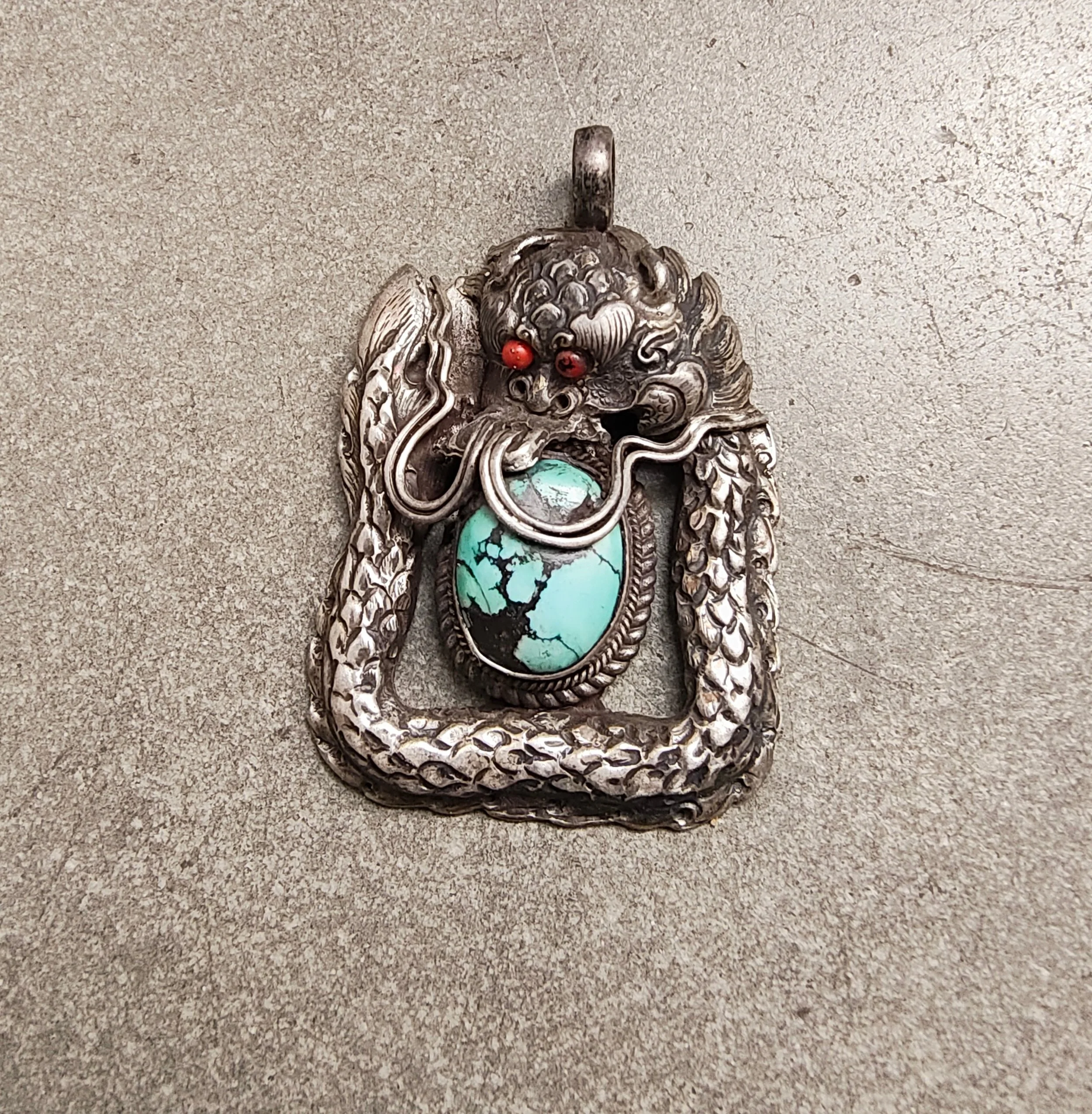 Sterling Silver Dragon Pendant with Coral and Turquoise