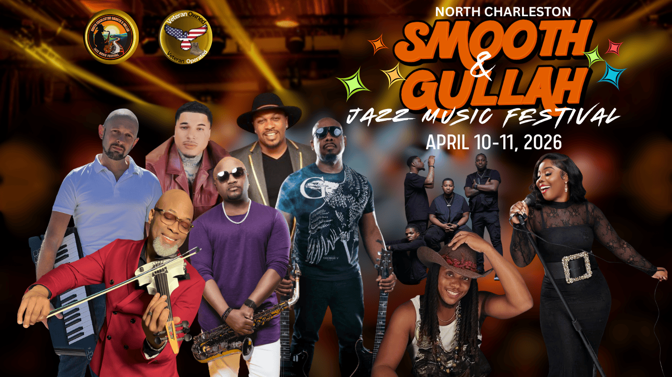 Poster for the North Charleston Smooth & Gullah Jazz Music Festival, scheduled for April 10-11, 2026. Features images of various musicians, including a woman singing with a microphone, a man playing the violin, and a band of men. Logos at the top indicate veteran ownership and operation. The background includes stage lights and musical themes.